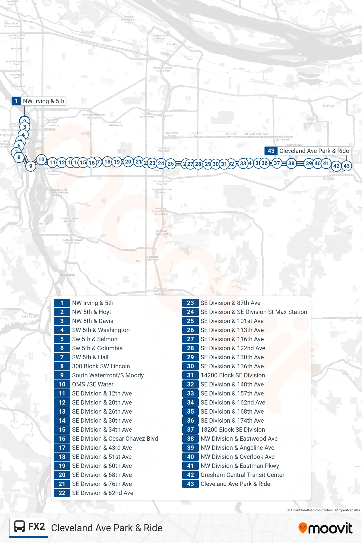 FX2 bus Line (Cleveland Ave Park & Ride) route and stops on a map