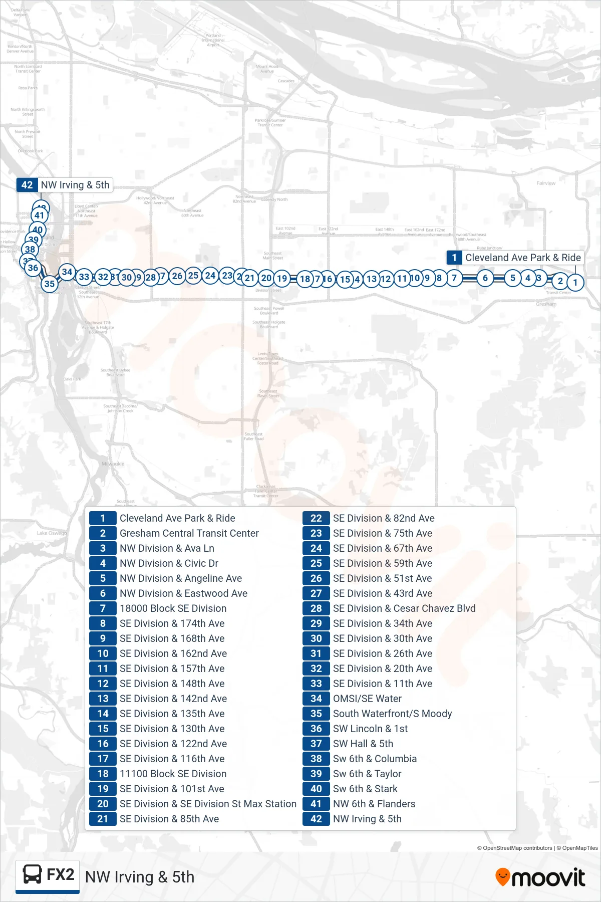FX2 bus Line (NW Irving & 5th) route and stops on a map