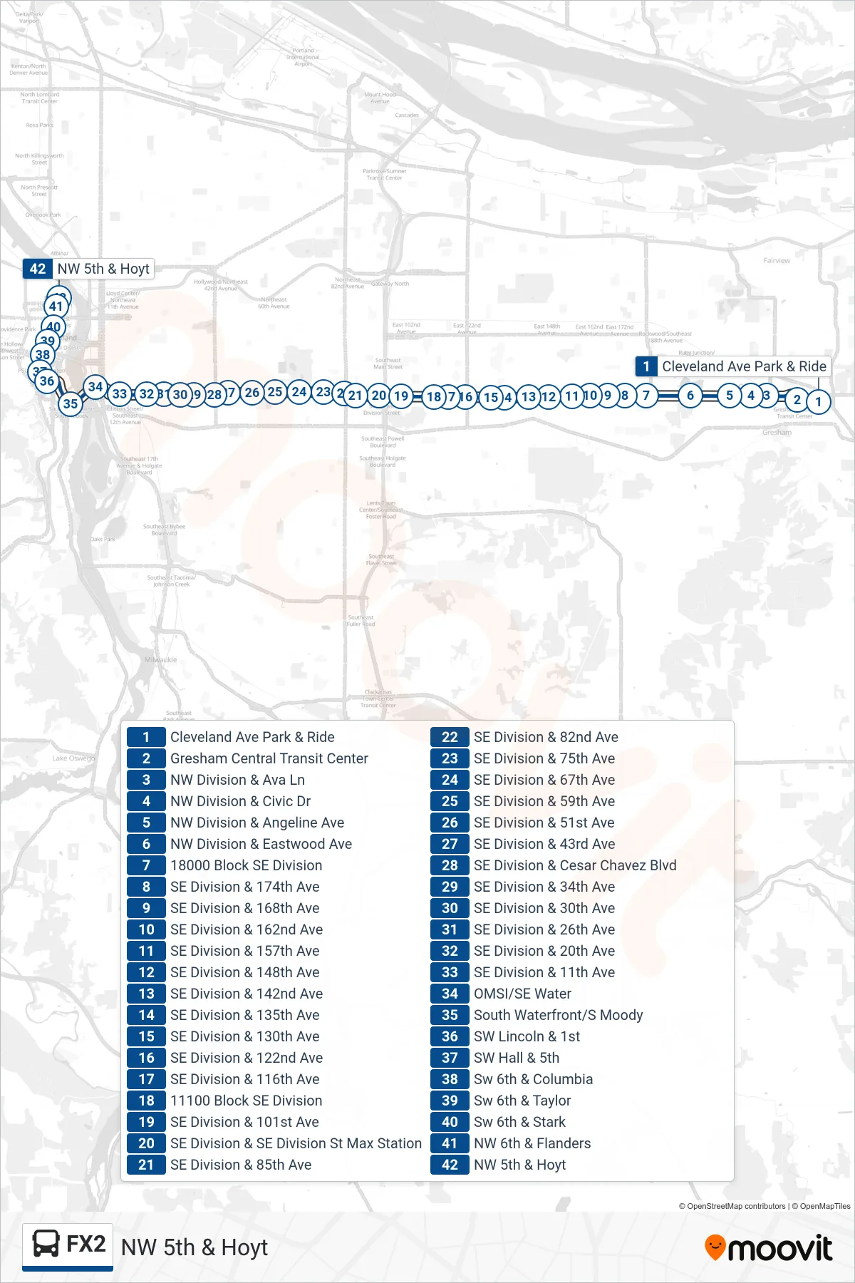 FX2 bus Line (NW 5th & Hoyt) route and stops on a map