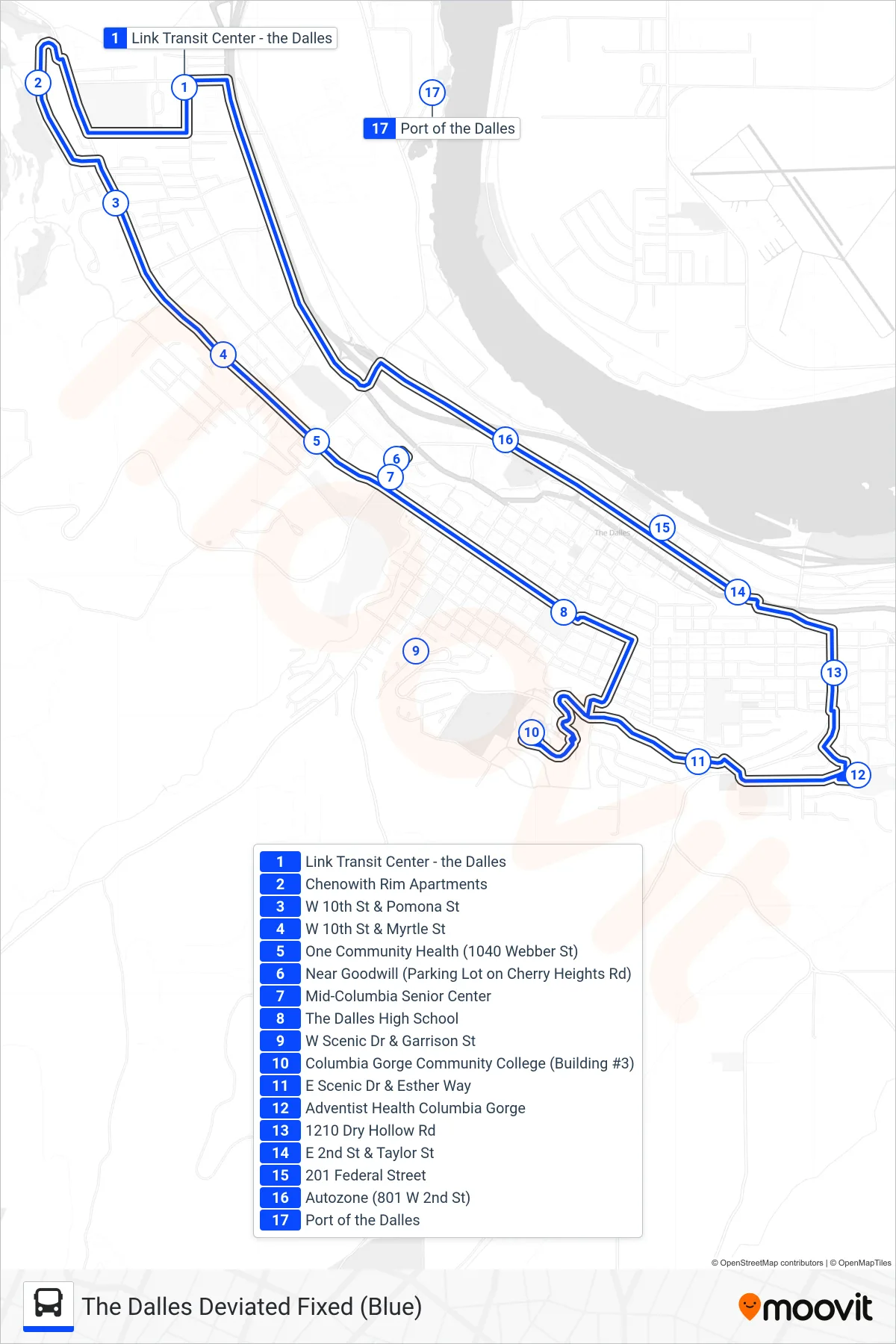 THE DALLES DEVIATED FIXED (BLUE) bus Line (Loop) route and stops on a map