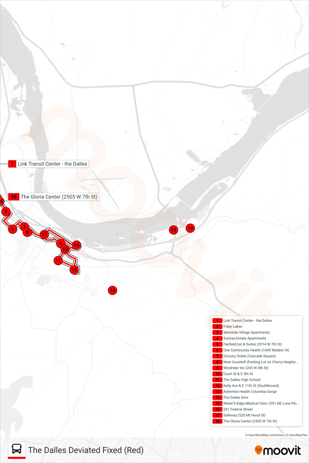 THE DALLES DEVIATED FIXED (RED) bus Line (Loop) route and stops on a map