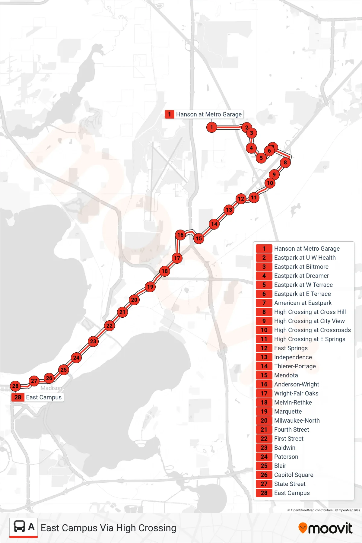 A bus Line (East Campus Via High Crossing) route and stops on a map