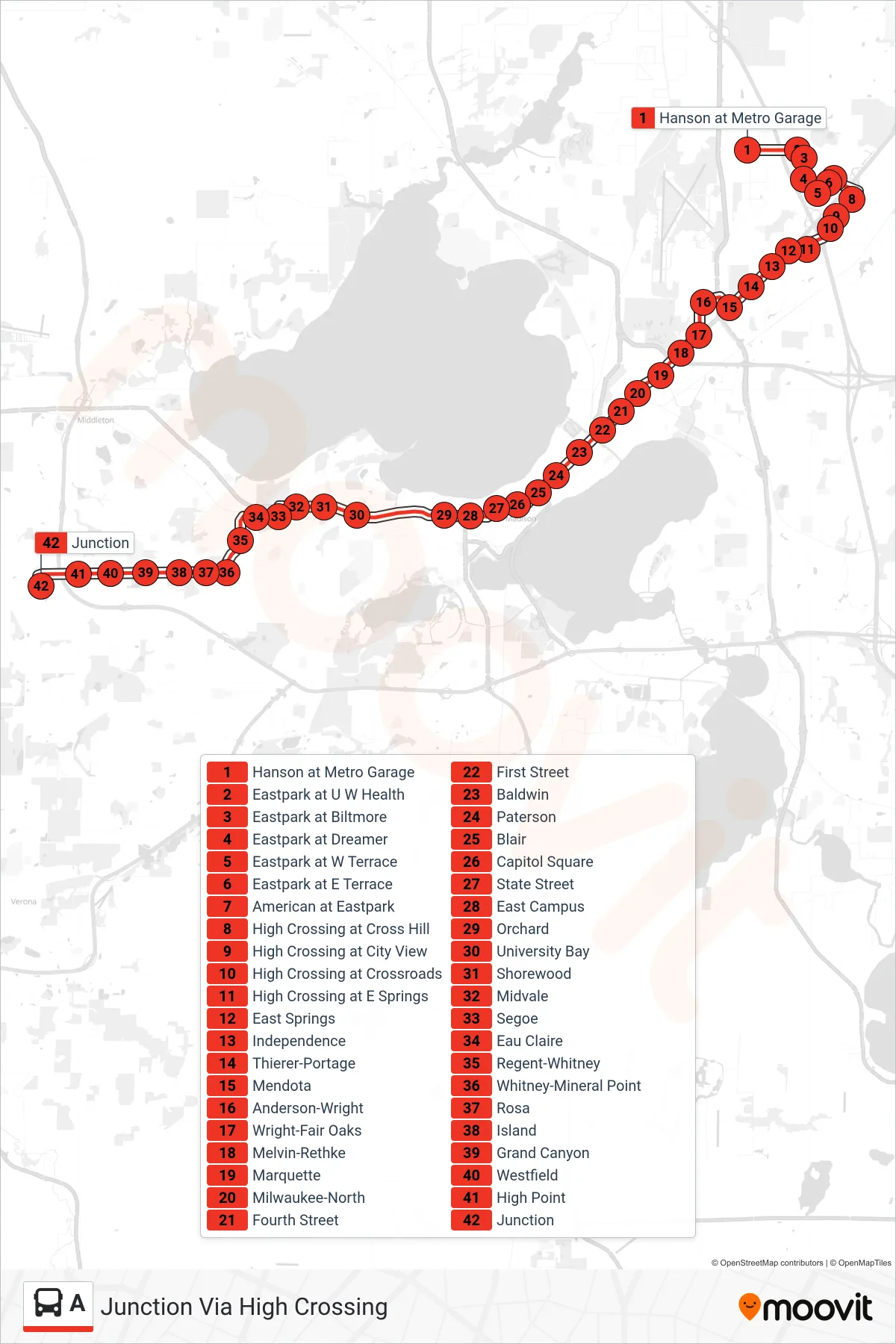 A bus Line (Junction Via High Crossing) route and stops on a map