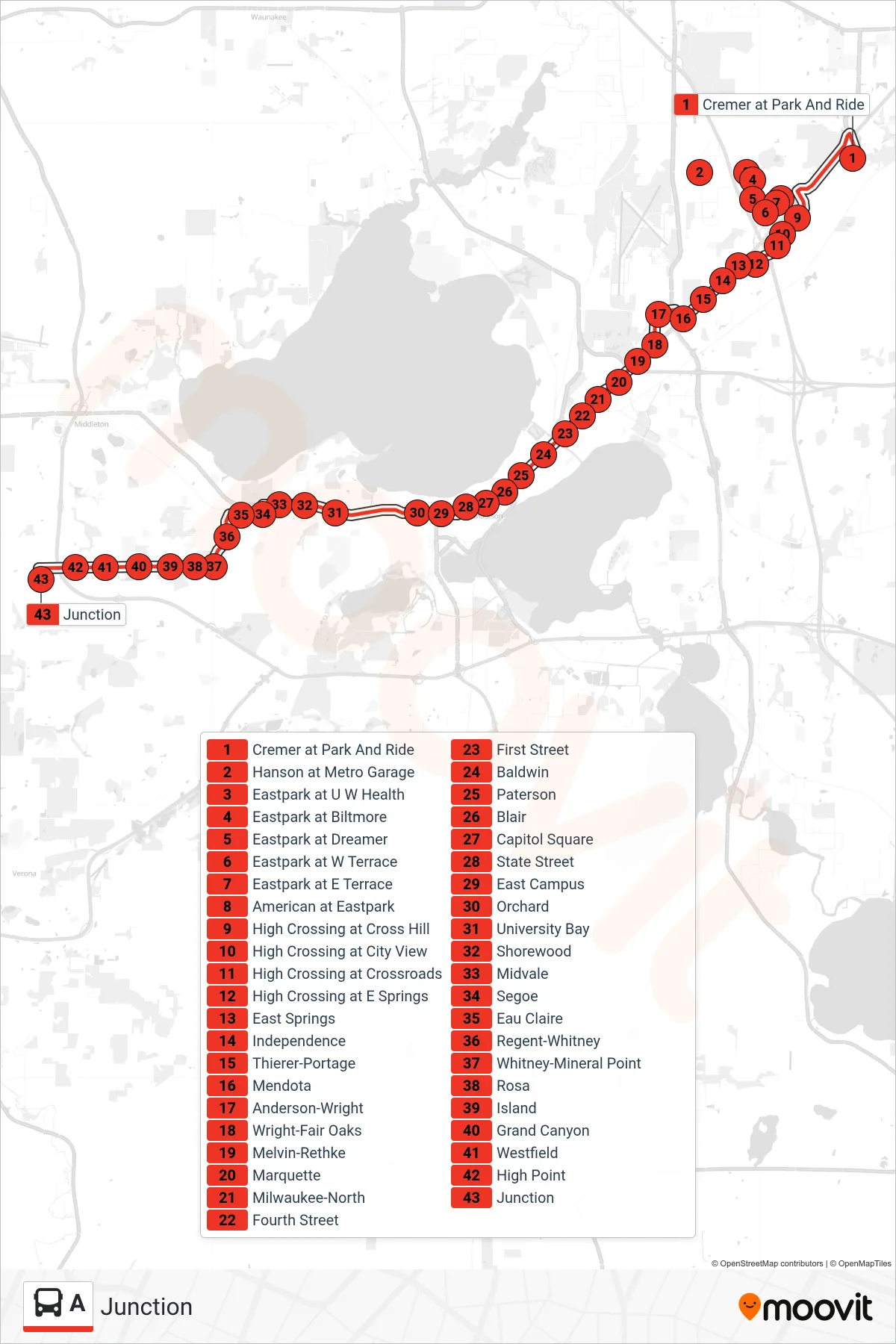 A bus Line (Junction) route and stops on a map