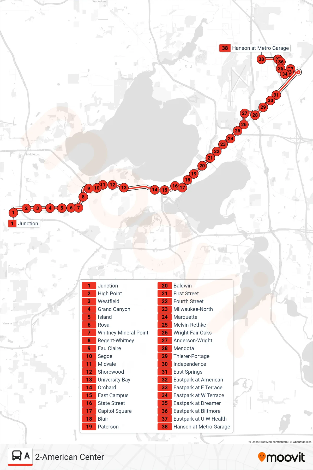 A bus Line (2-American Center) route and stops on a map