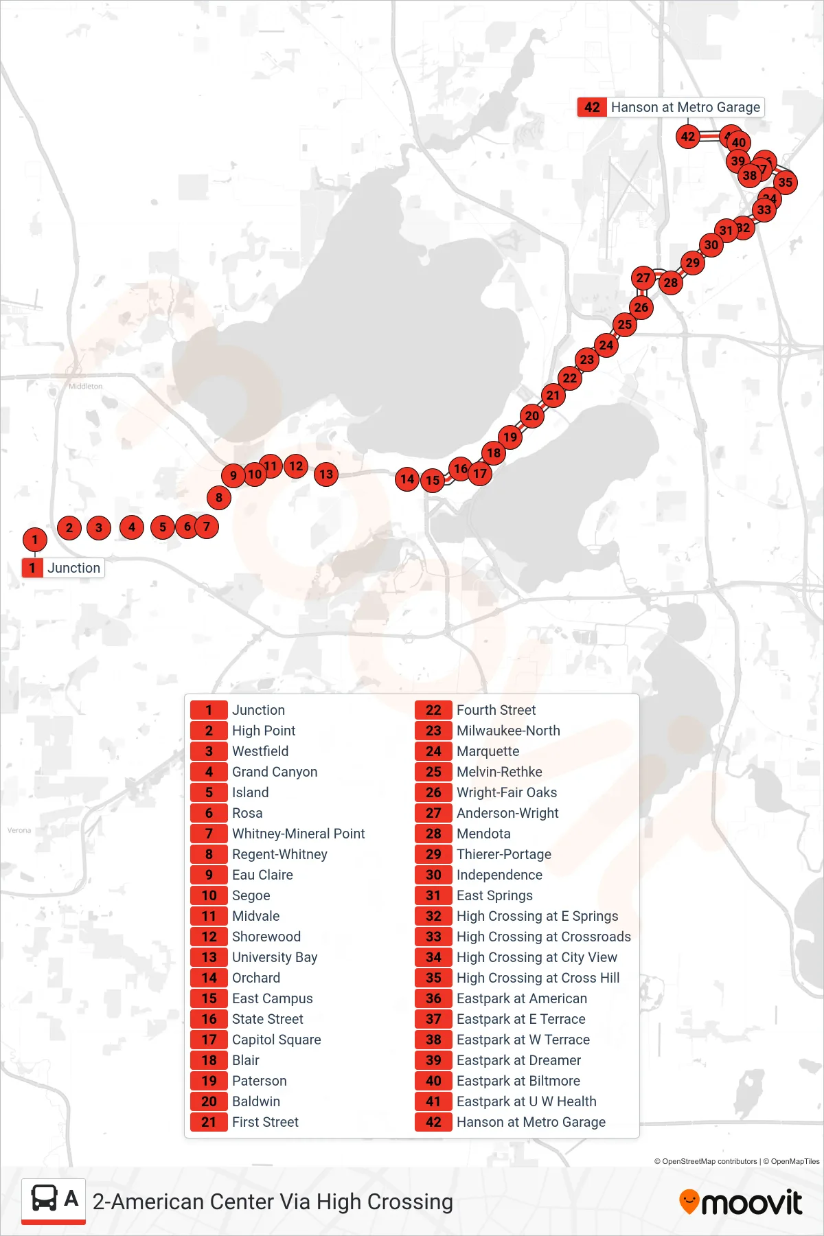 A bus Line (2-American Center Via High Crossing) route and stops on a map