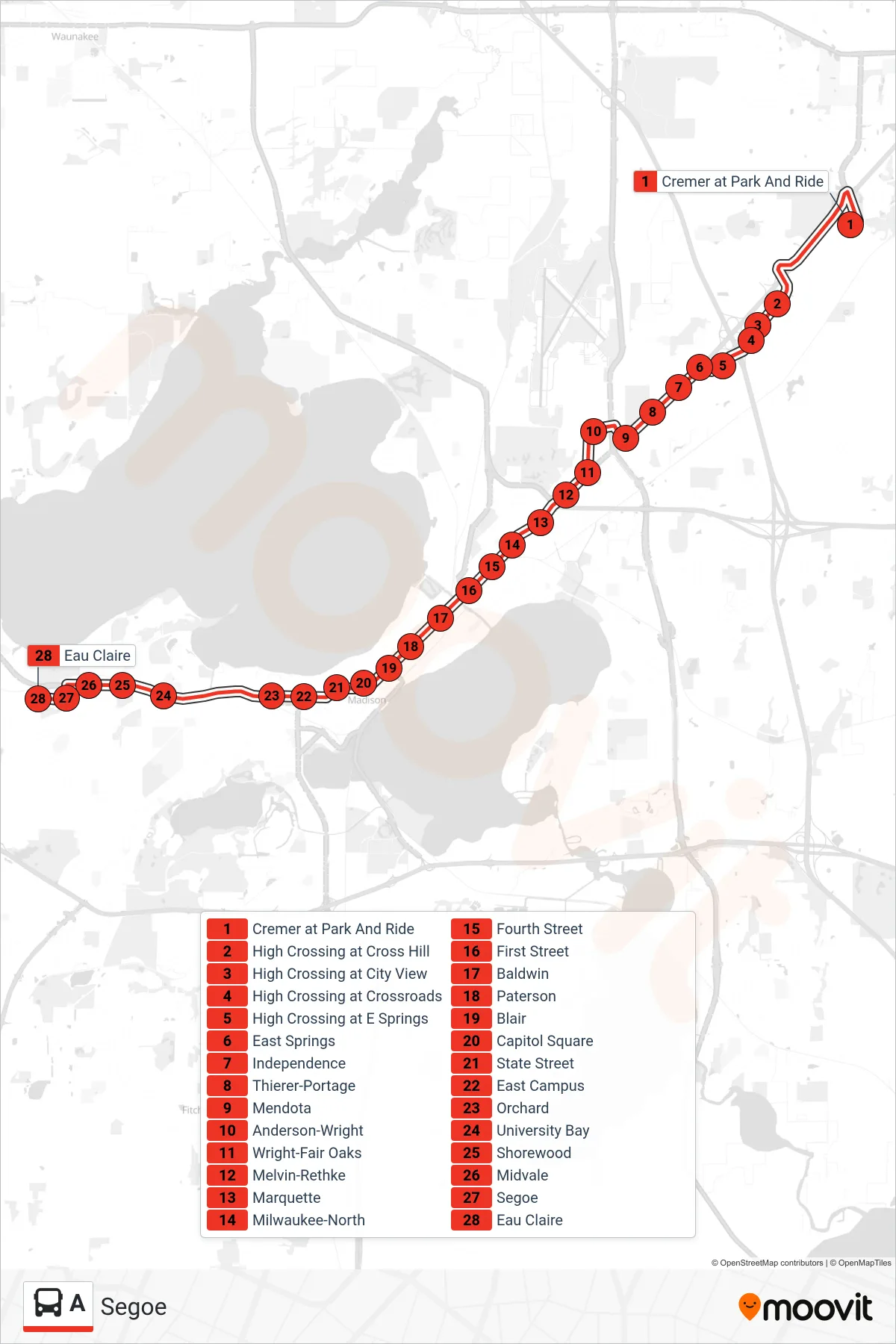 A bus Line (Segoe) route and stops on a map