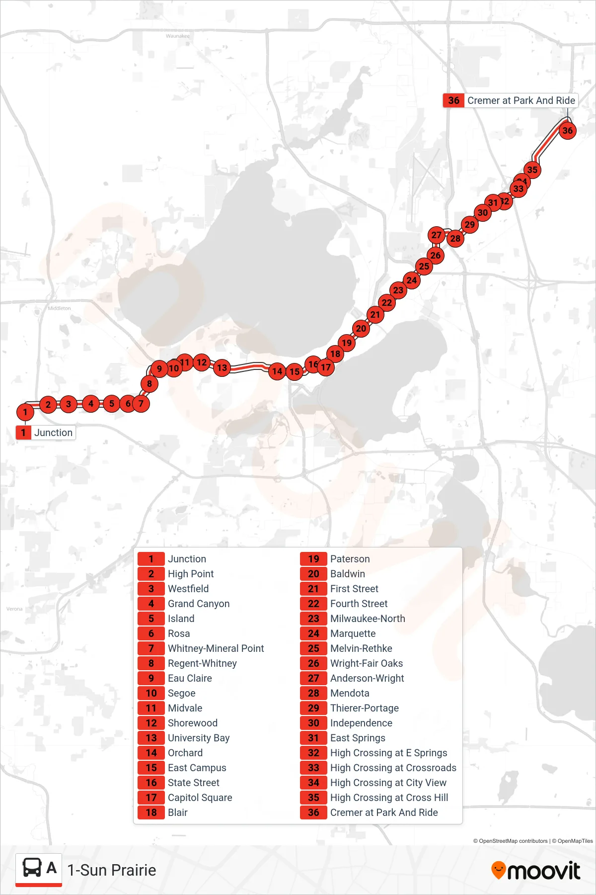 A bus Line (1-Sun Prairie) route and stops on a map