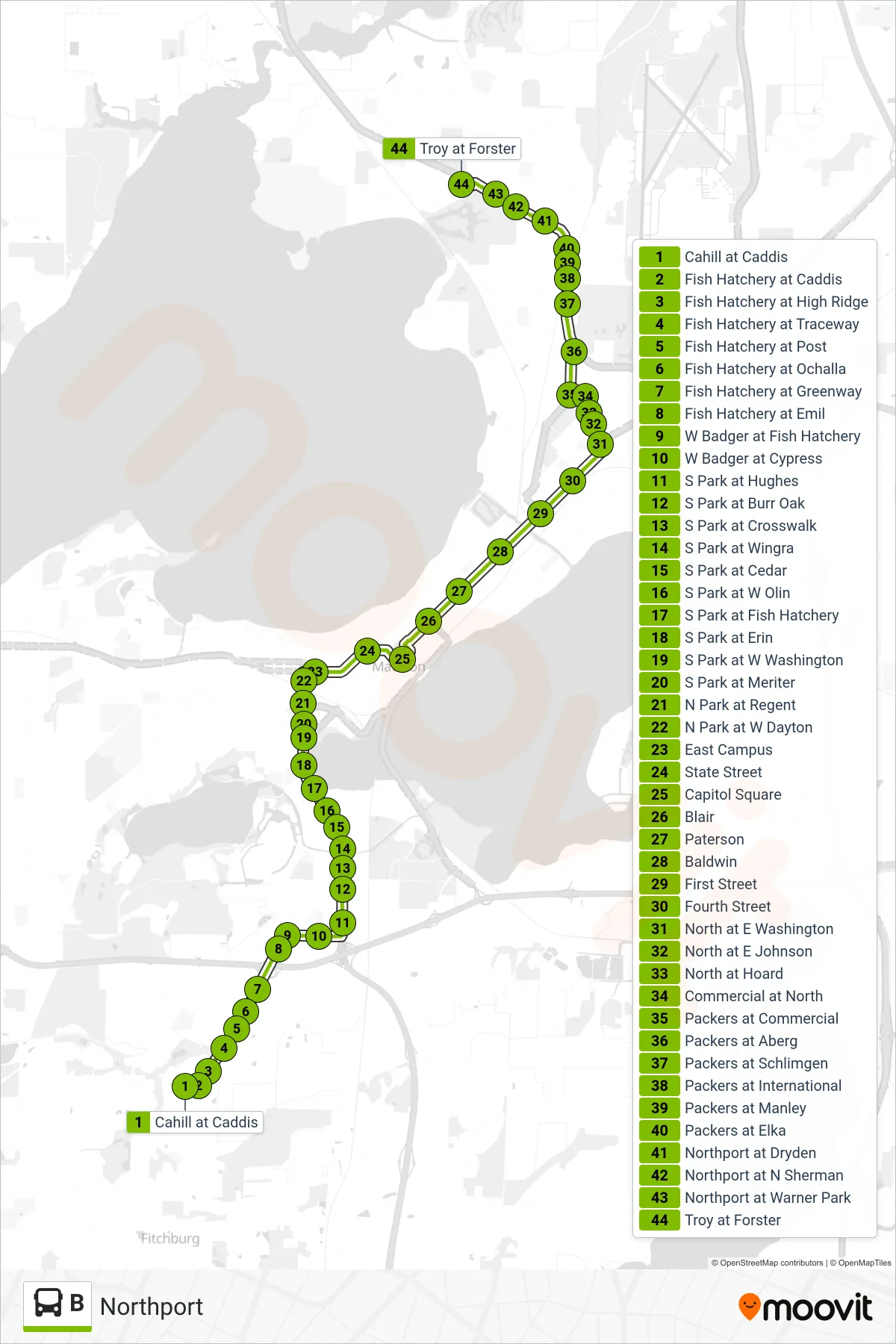 B bus Line (Northport) route and stops on a map
