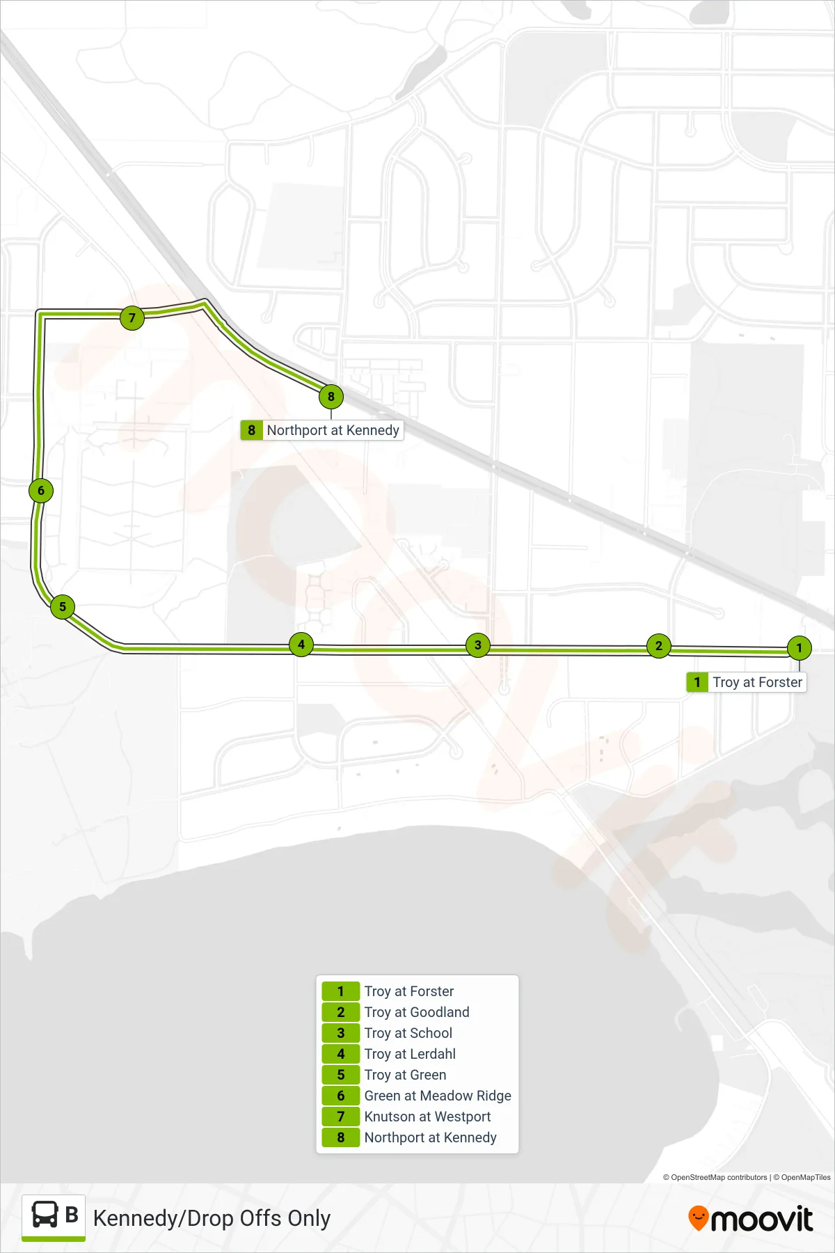 B bus Line (Kennedy/Drop Offs Only) route and stops on a map