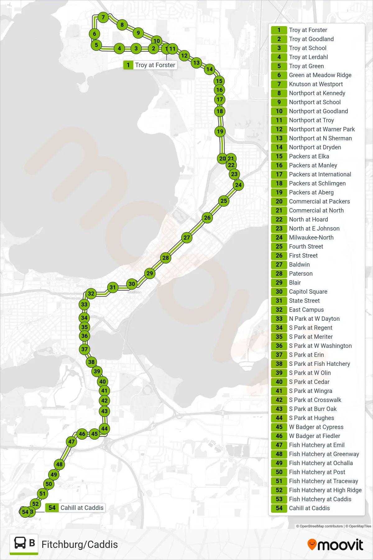 B bus Line (Fitchburg/Caddis) route and stops on a map