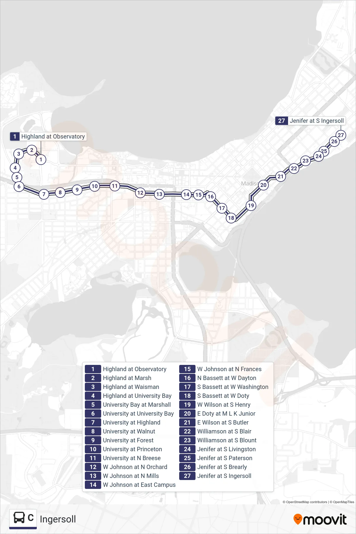 C bus Line (Ingersoll) route and stops on a map