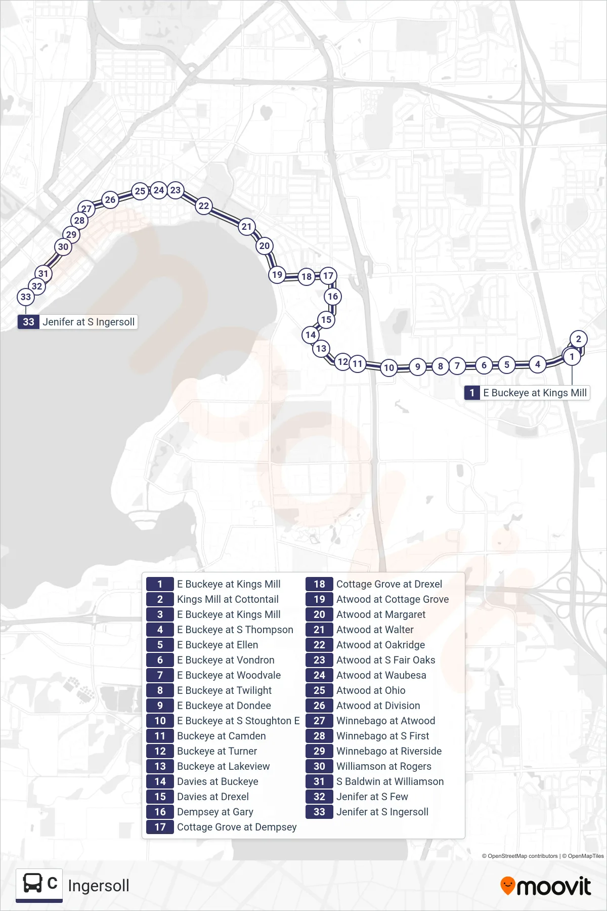 C bus Line (Ingersoll) route and stops on a map