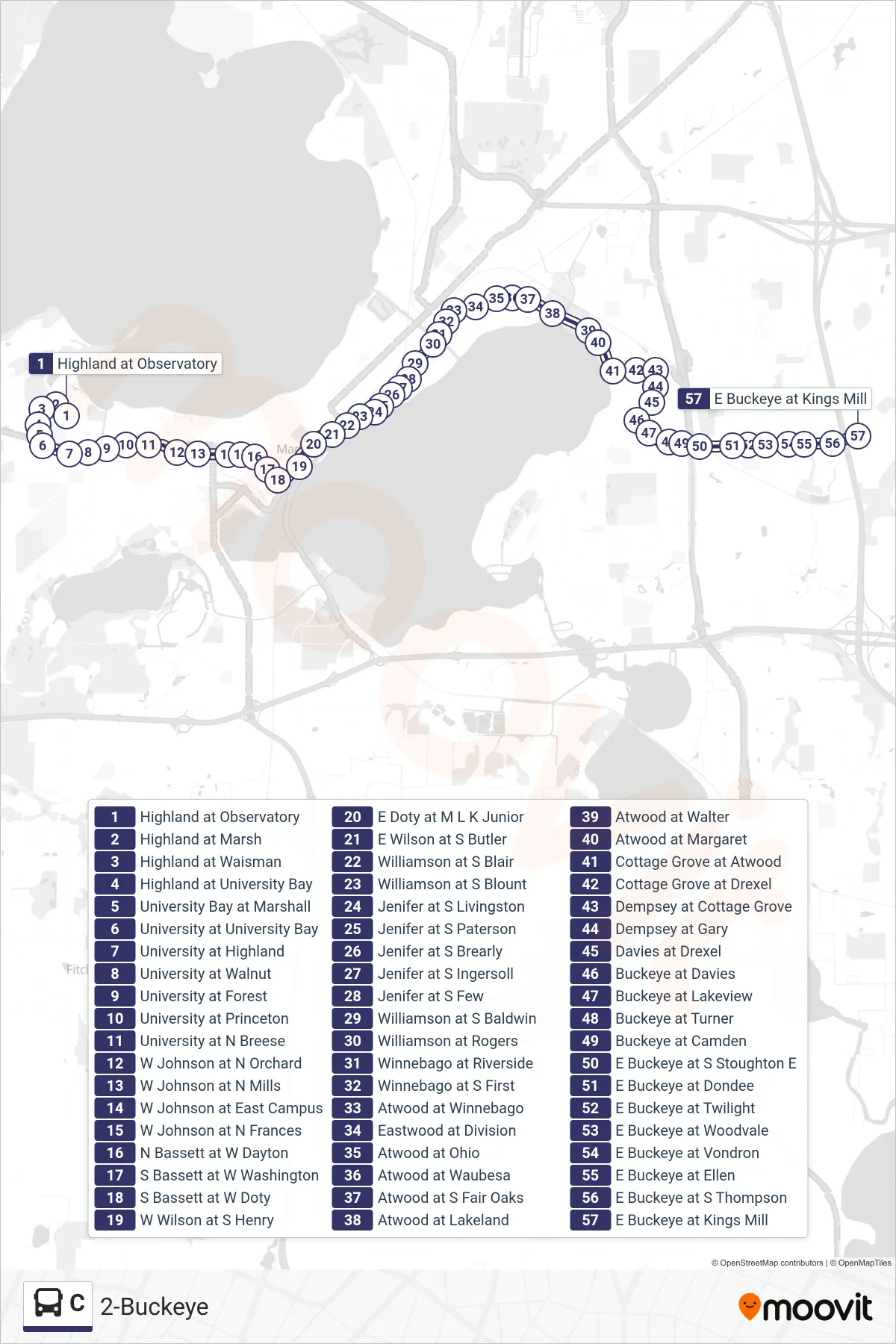C bus Line (2-Buckeye) route and stops on a map