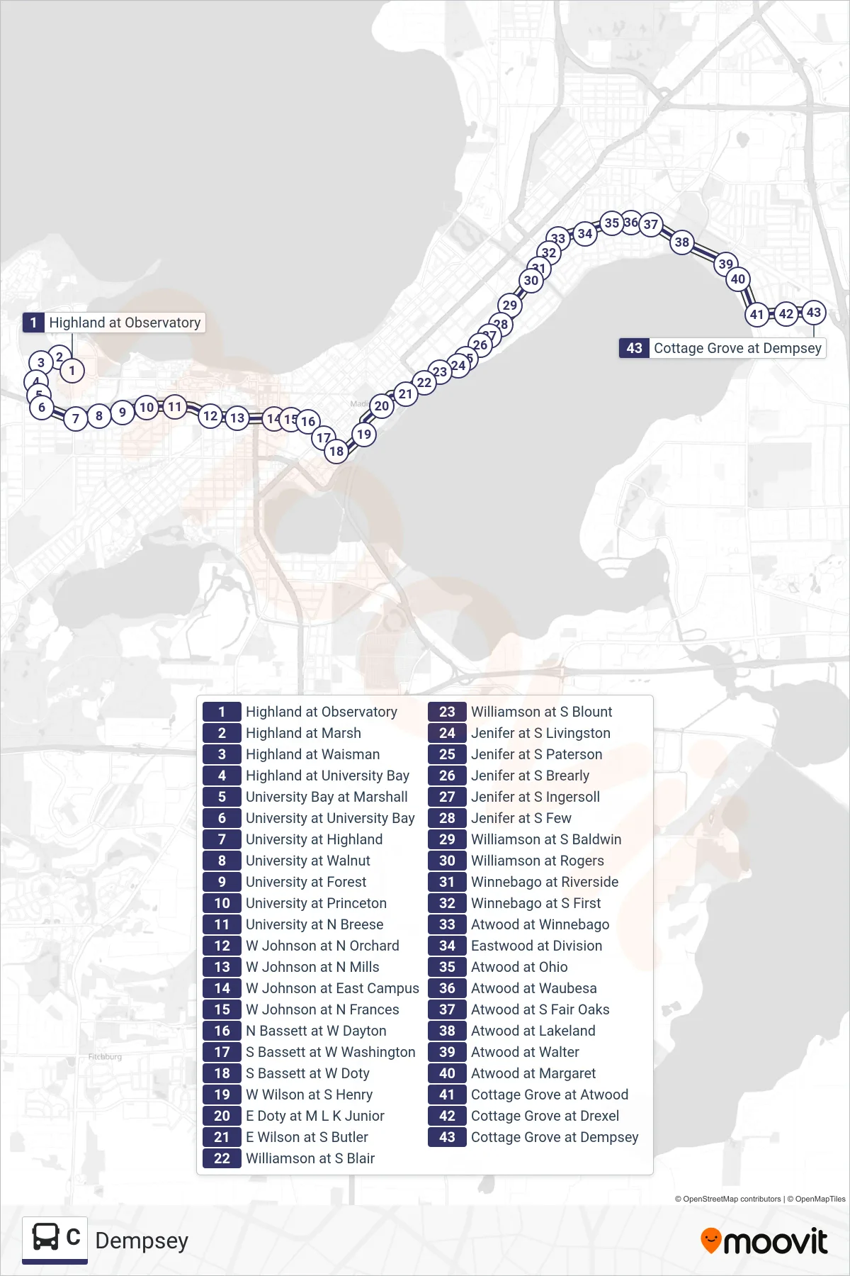 C bus Line (Dempsey) route and stops on a map