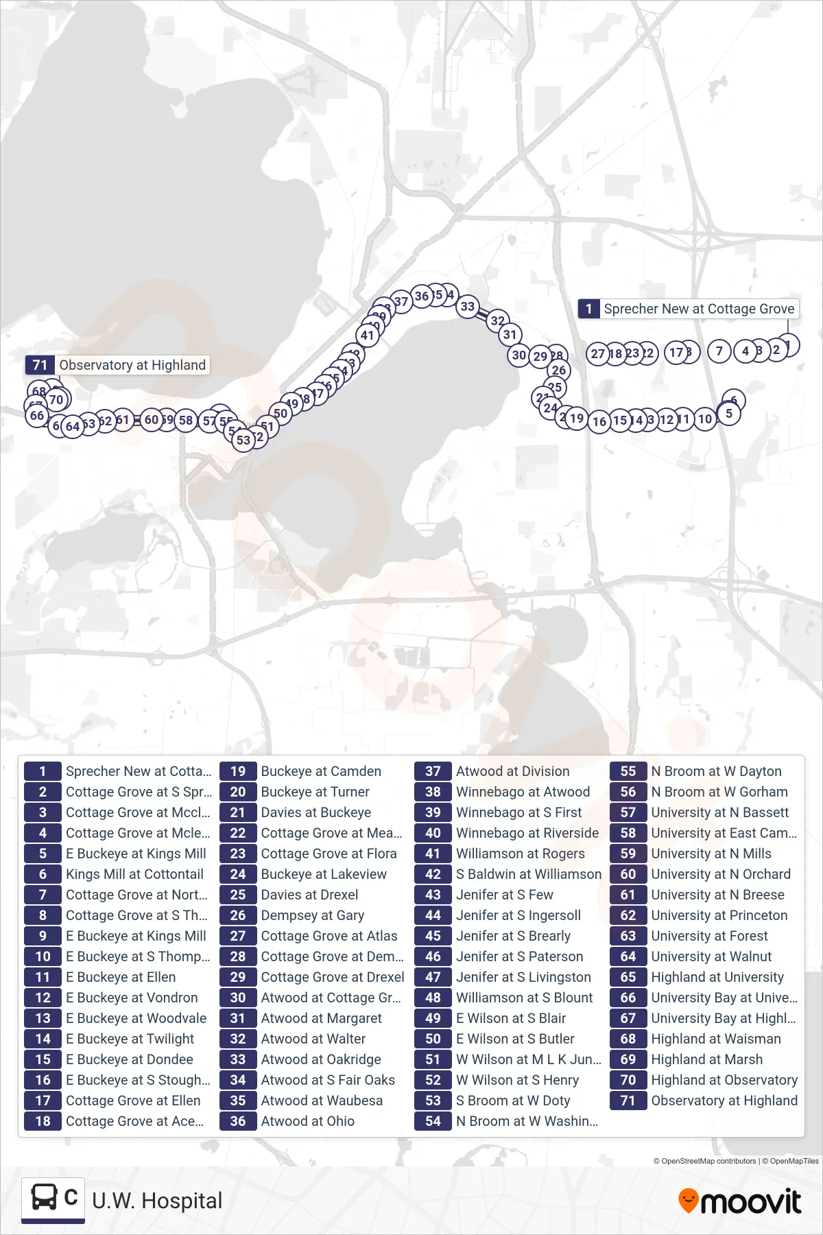 C bus Line (U.W. Hospital) route and stops on a map