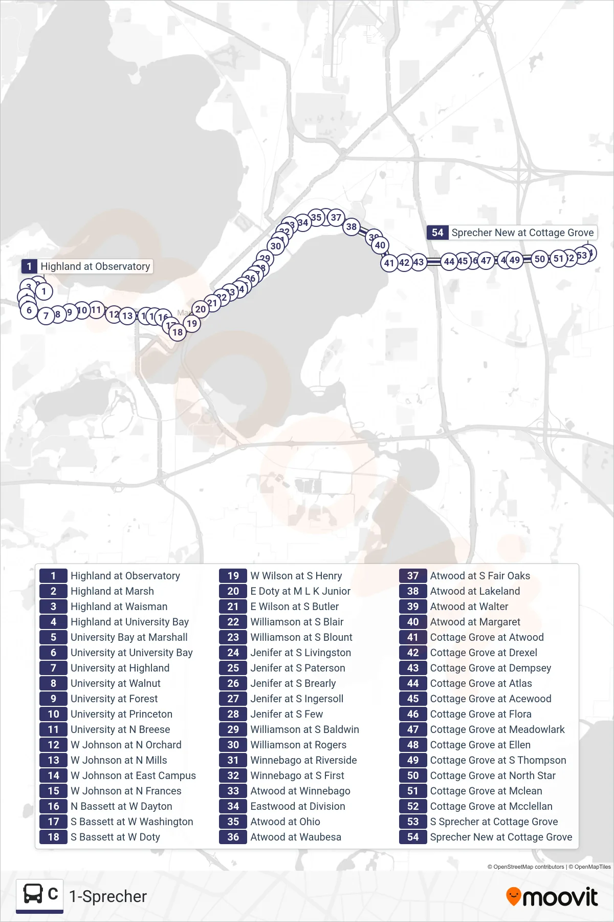 C bus Line (1-Sprecher) route and stops on a map