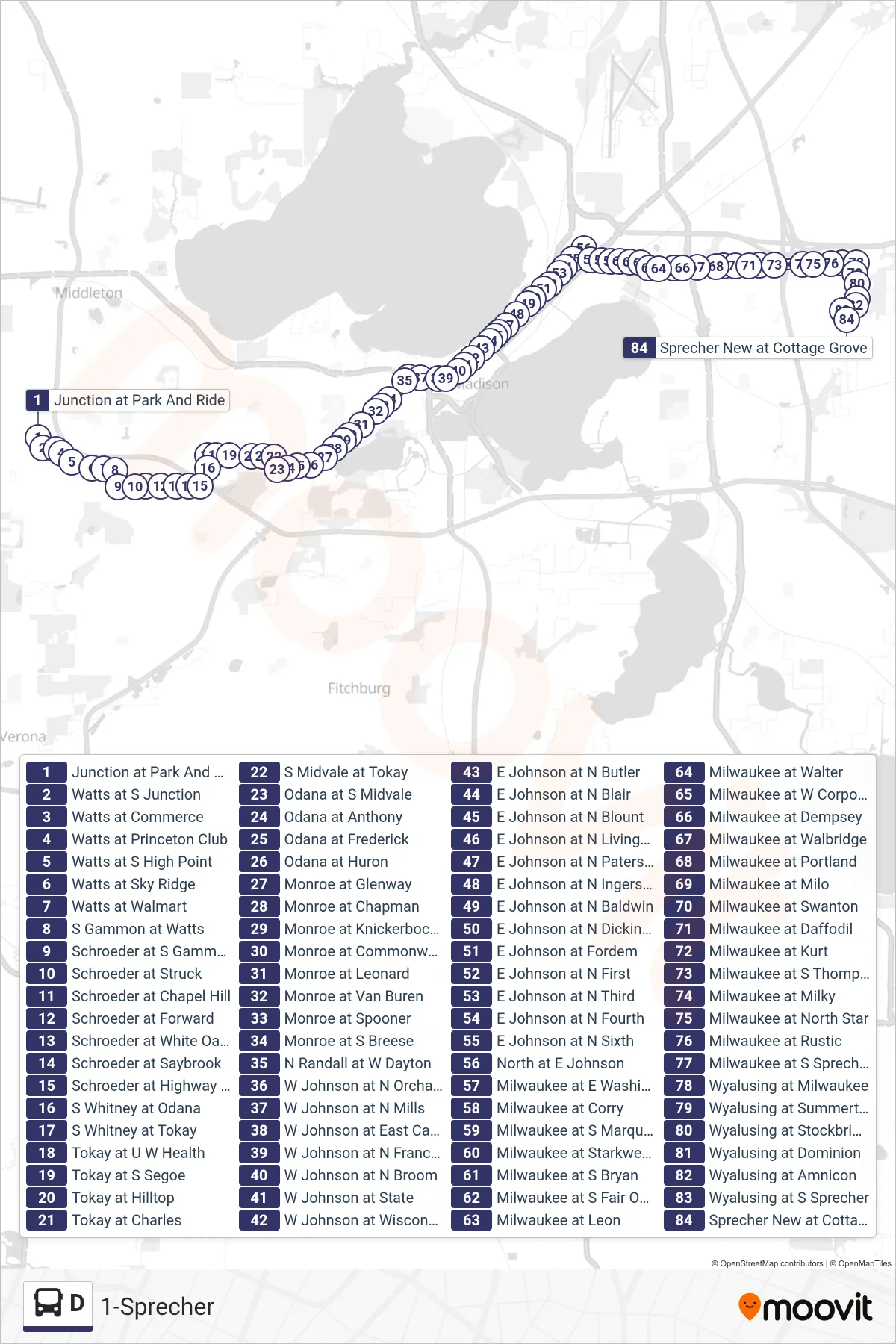 D bus Line (1-Sprecher) route and stops on a map