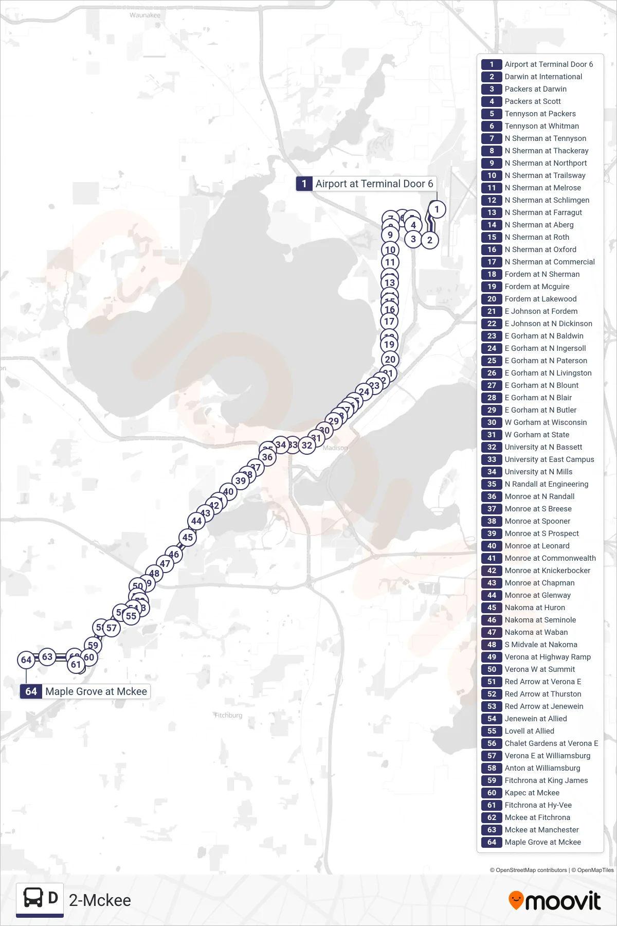 D bus Line (2-Mckee) route and stops on a map