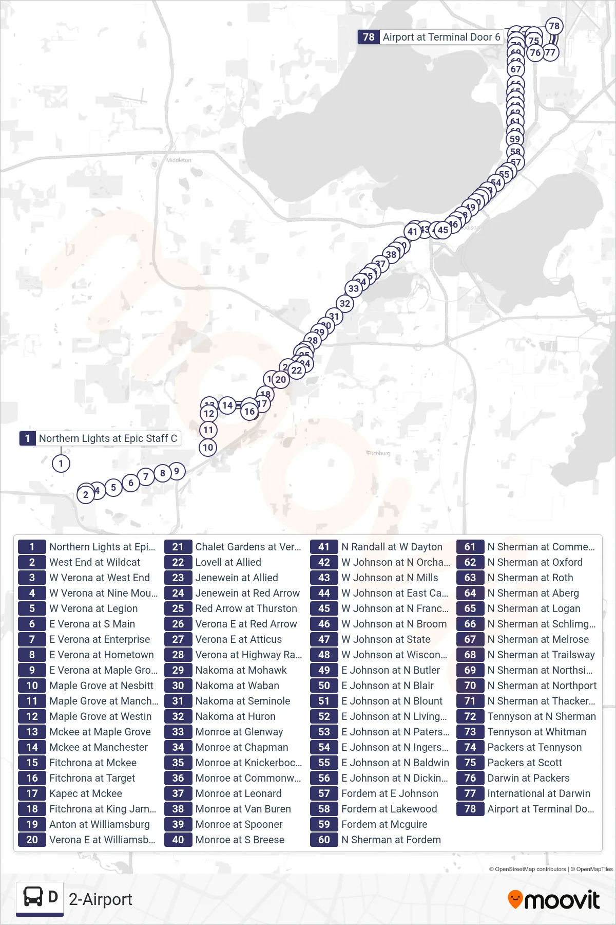 D bus Line (2-Airport) route and stops on a map