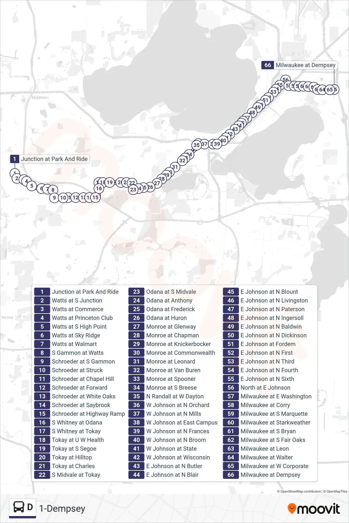 D bus Line (1-Dempsey) route and stops on a map