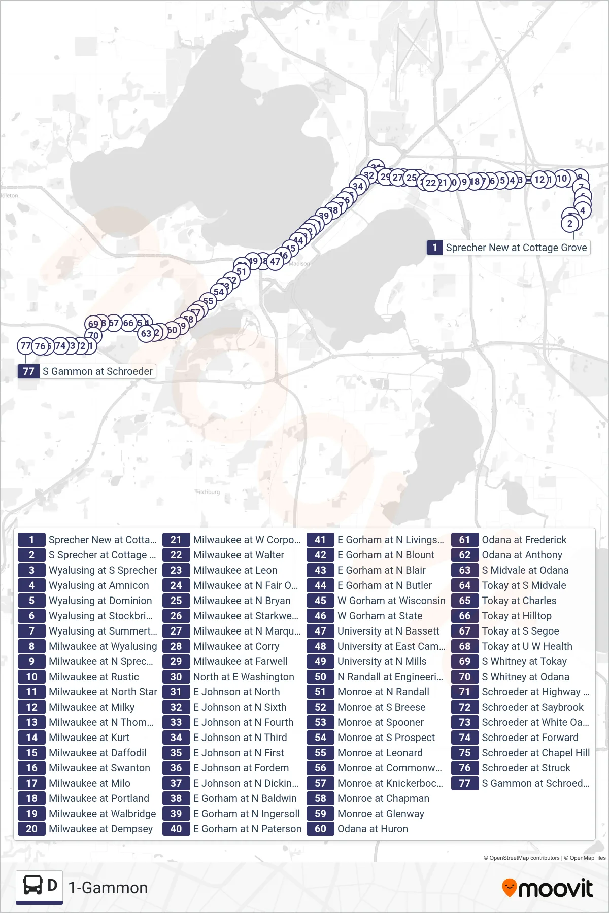 D bus Line (1-Gammon) route and stops on a map