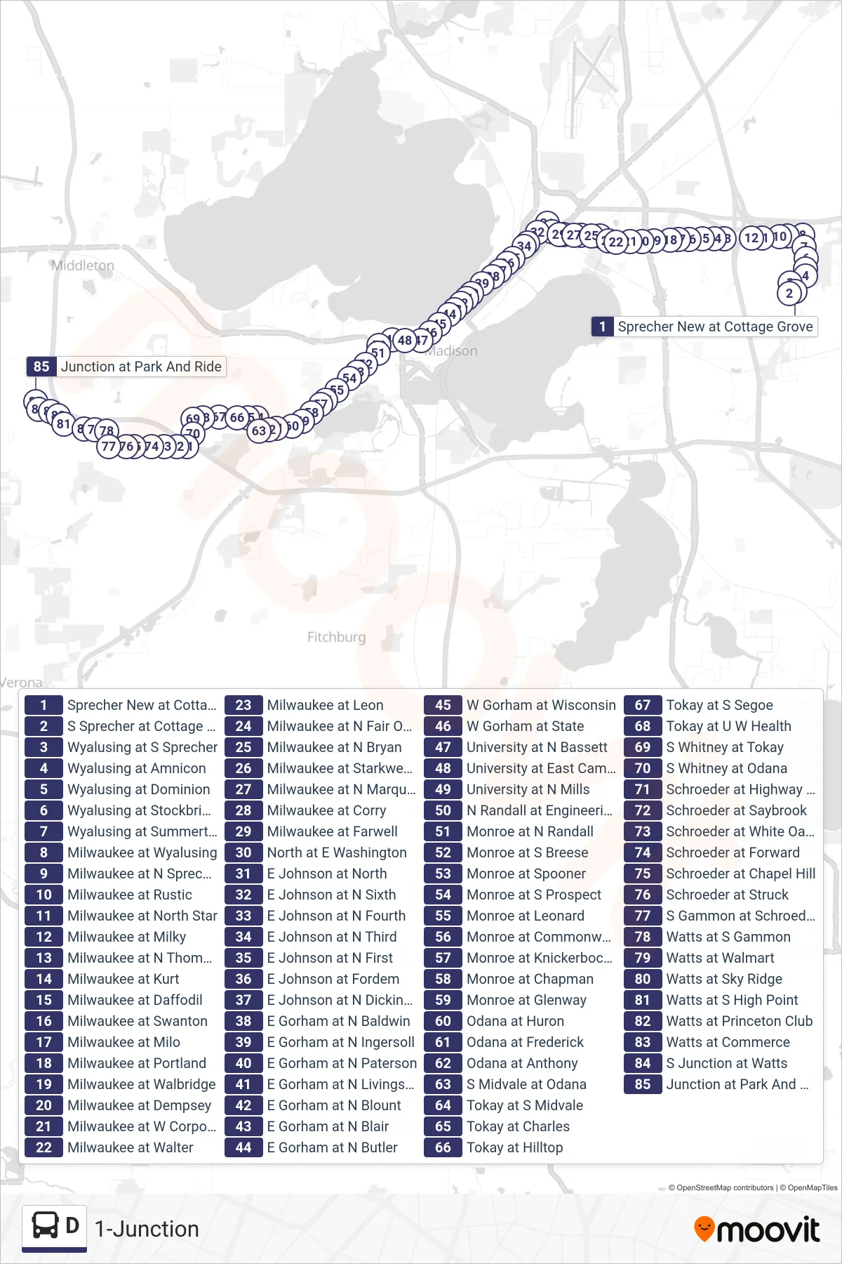 D bus Line (1-Junction) route and stops on a map