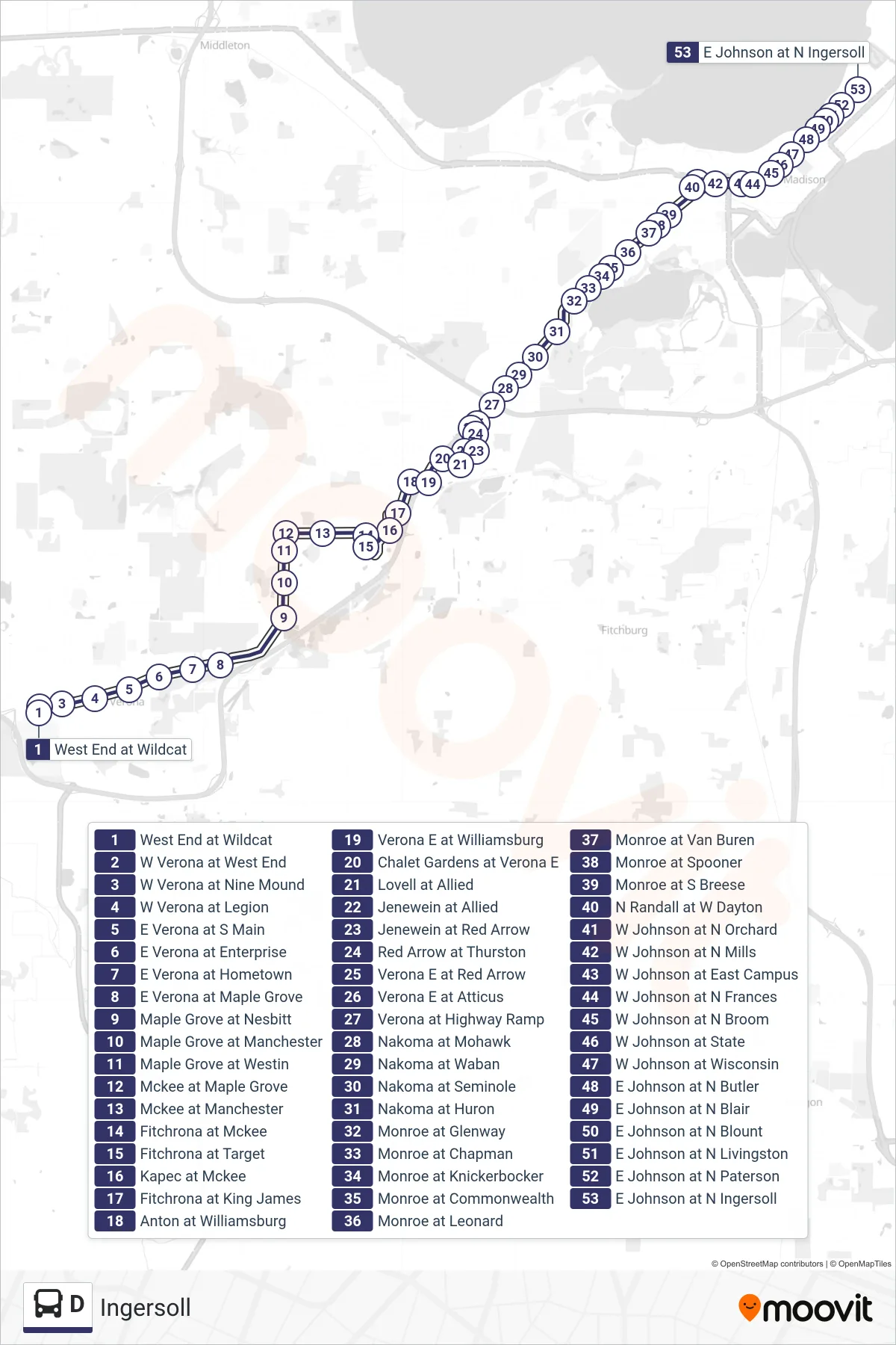 D bus Line (Ingersoll) route and stops on a map