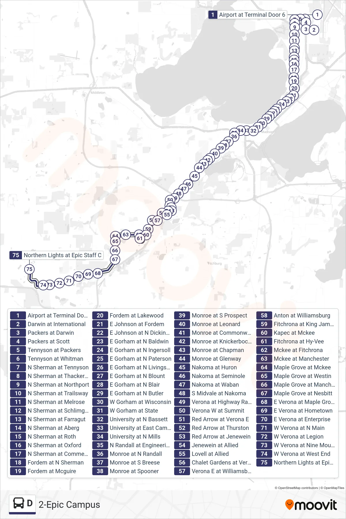D bus Line (2-Epic Campus) route and stops on a map