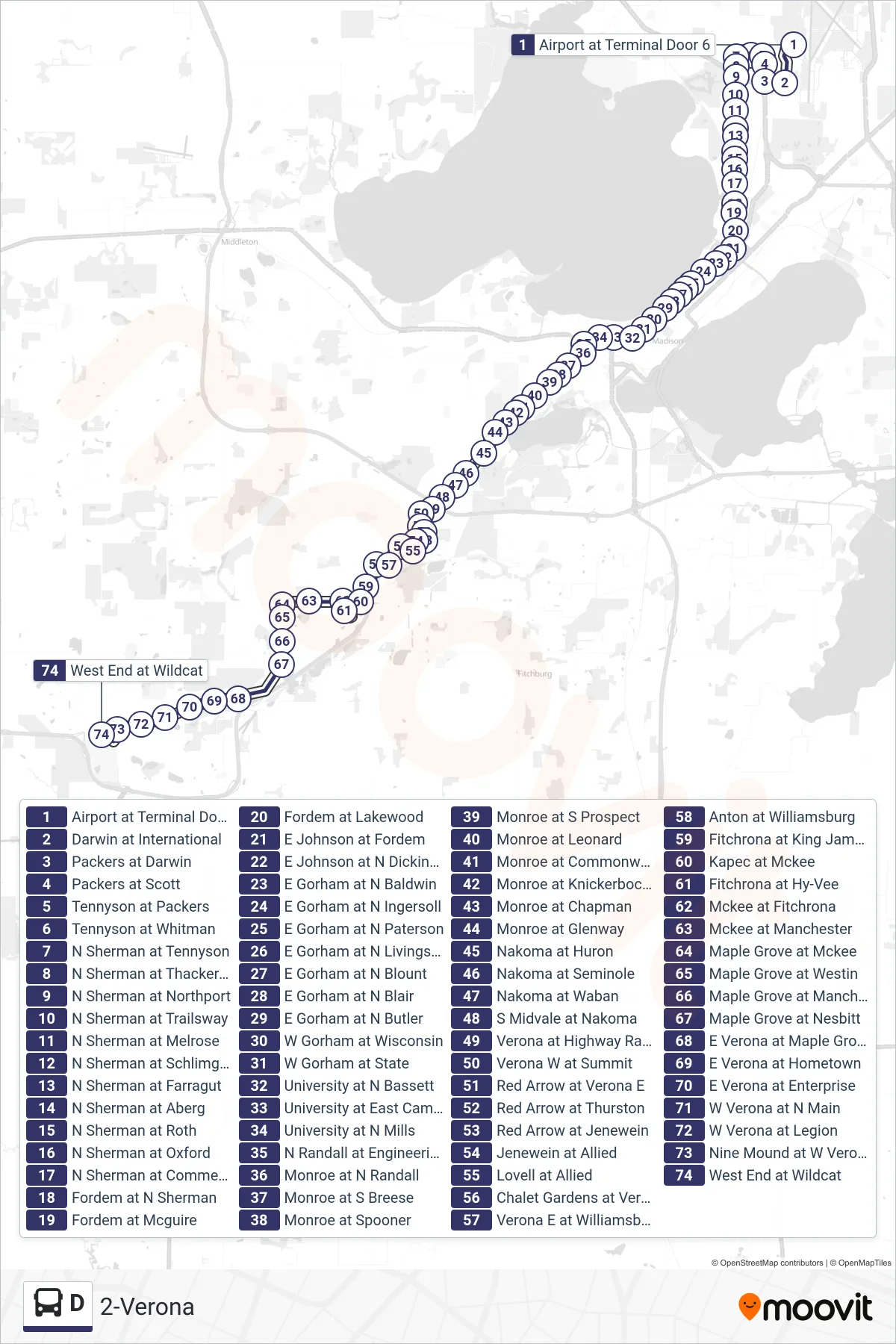 D bus Line (2-Verona) route and stops on a map