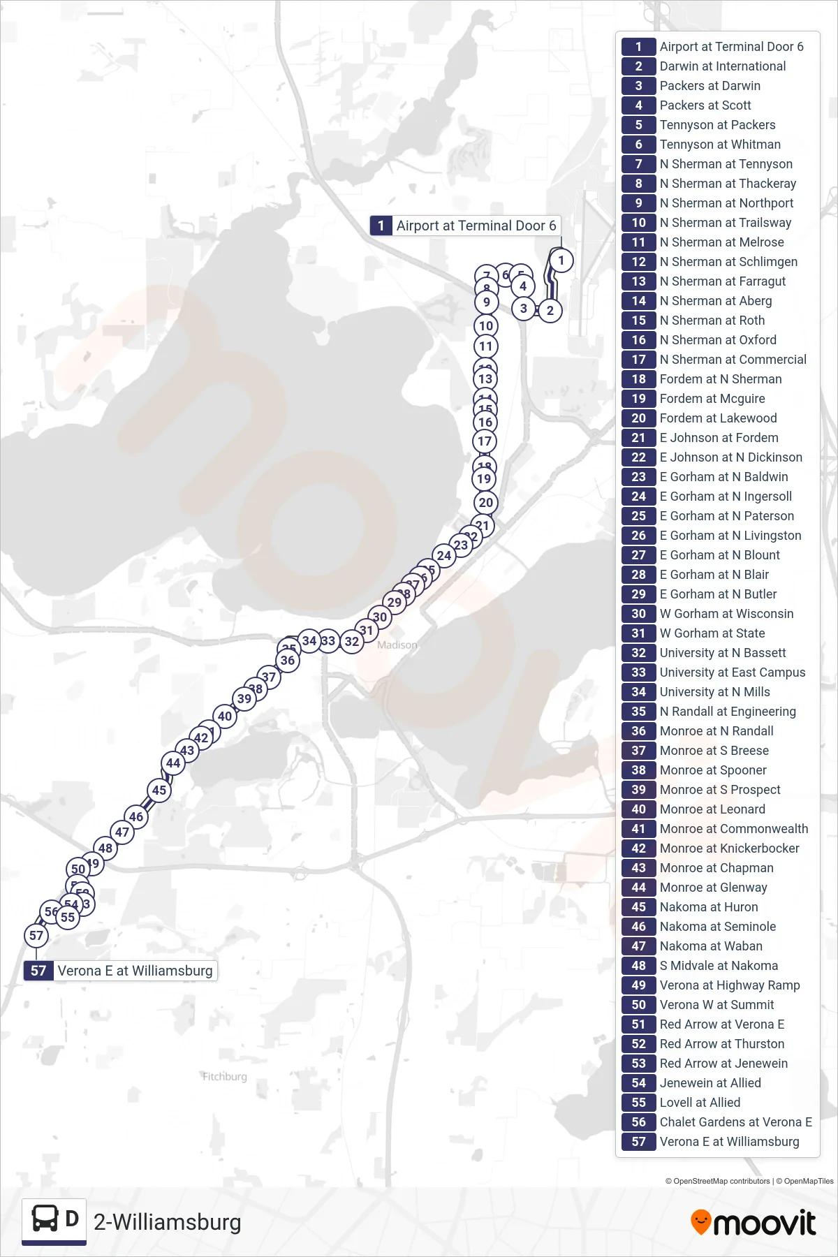 D bus Line (2-Williamsburg) route and stops on a map