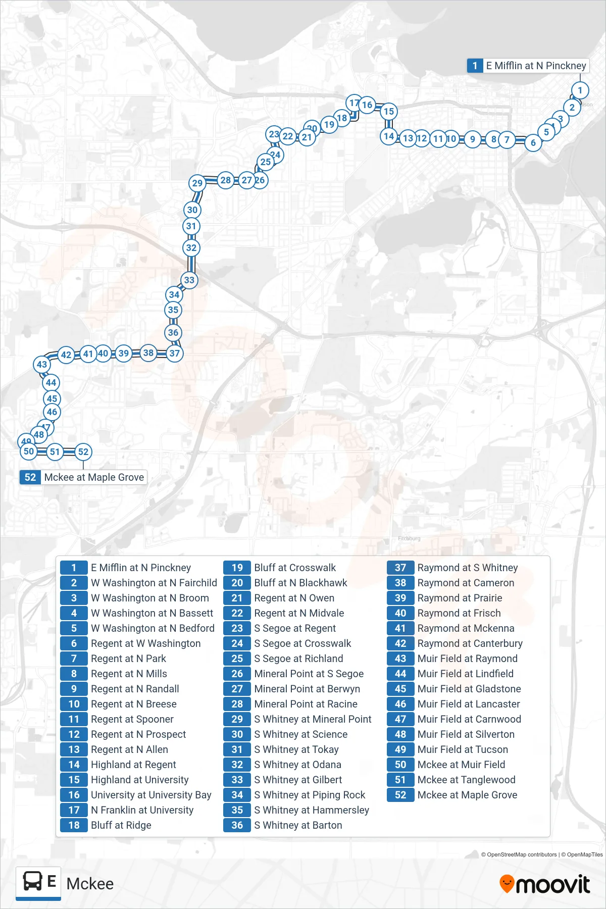 E bus Line (Mckee) route and stops on a map
