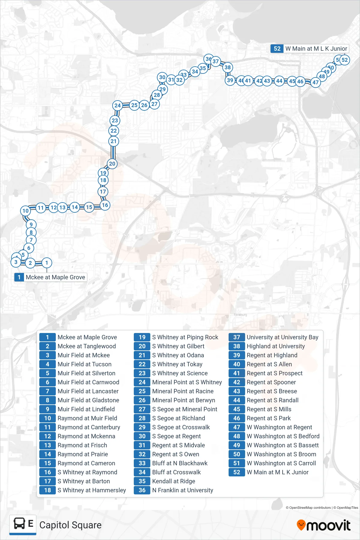 E bus Line (Capitol Square) route and stops on a map