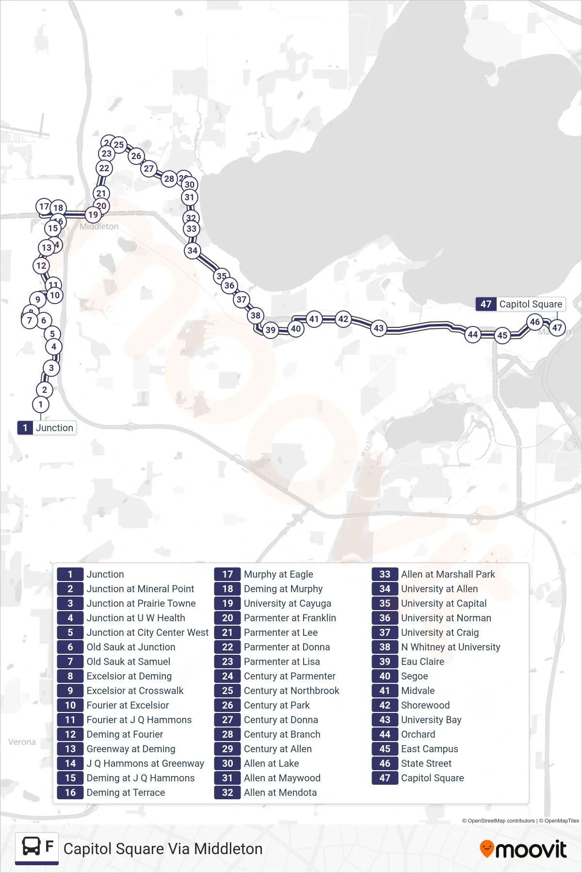 F bus Line (Capitol Square Via Middleton) route and stops on a map