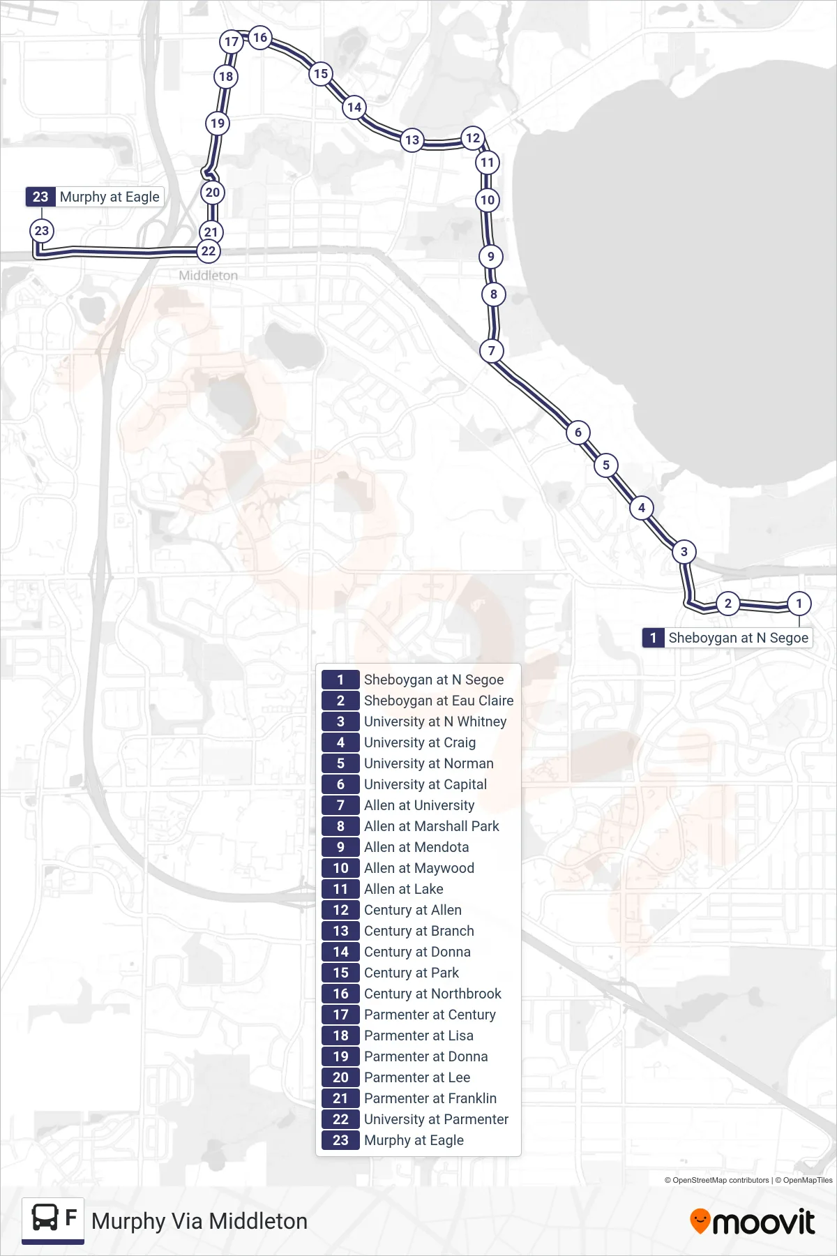 F bus Line (Murphy Via Middleton) route and stops on a map