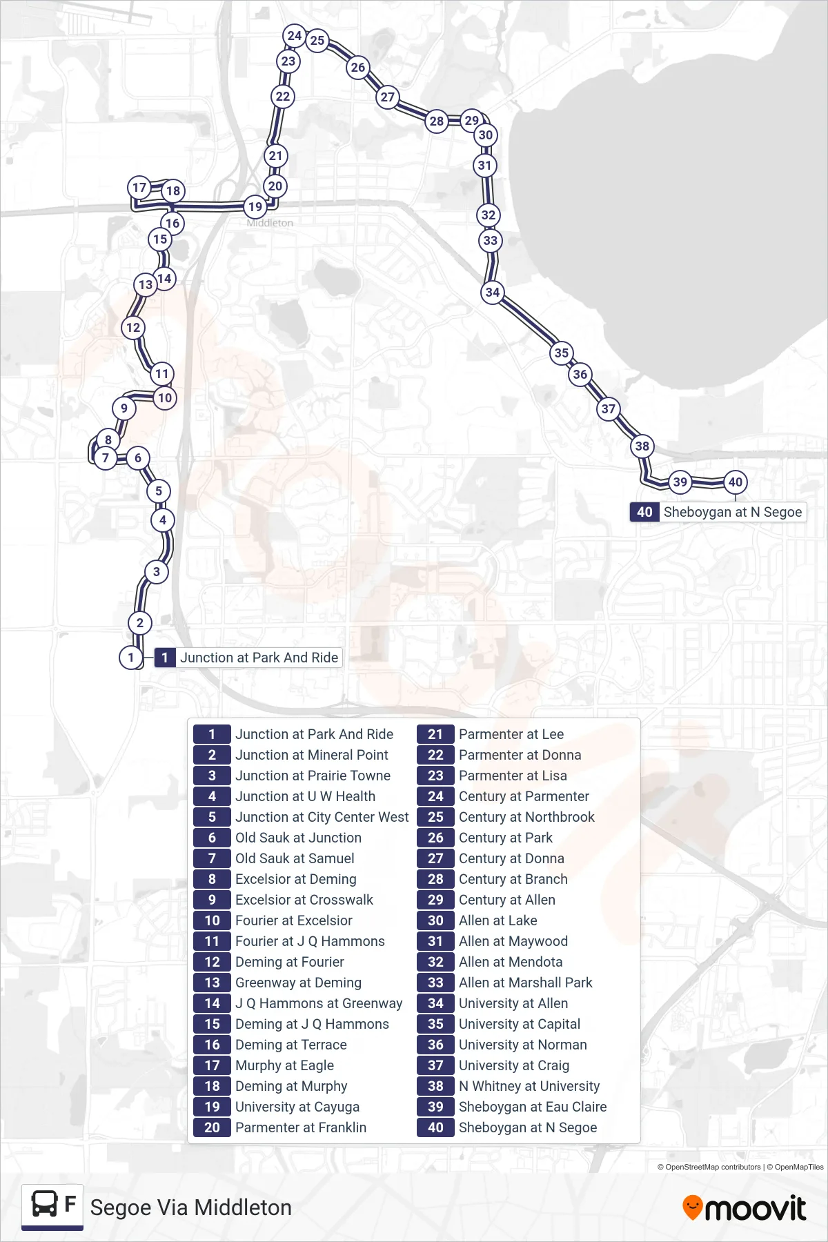 F bus Line (Segoe Via Middleton) route and stops on a map