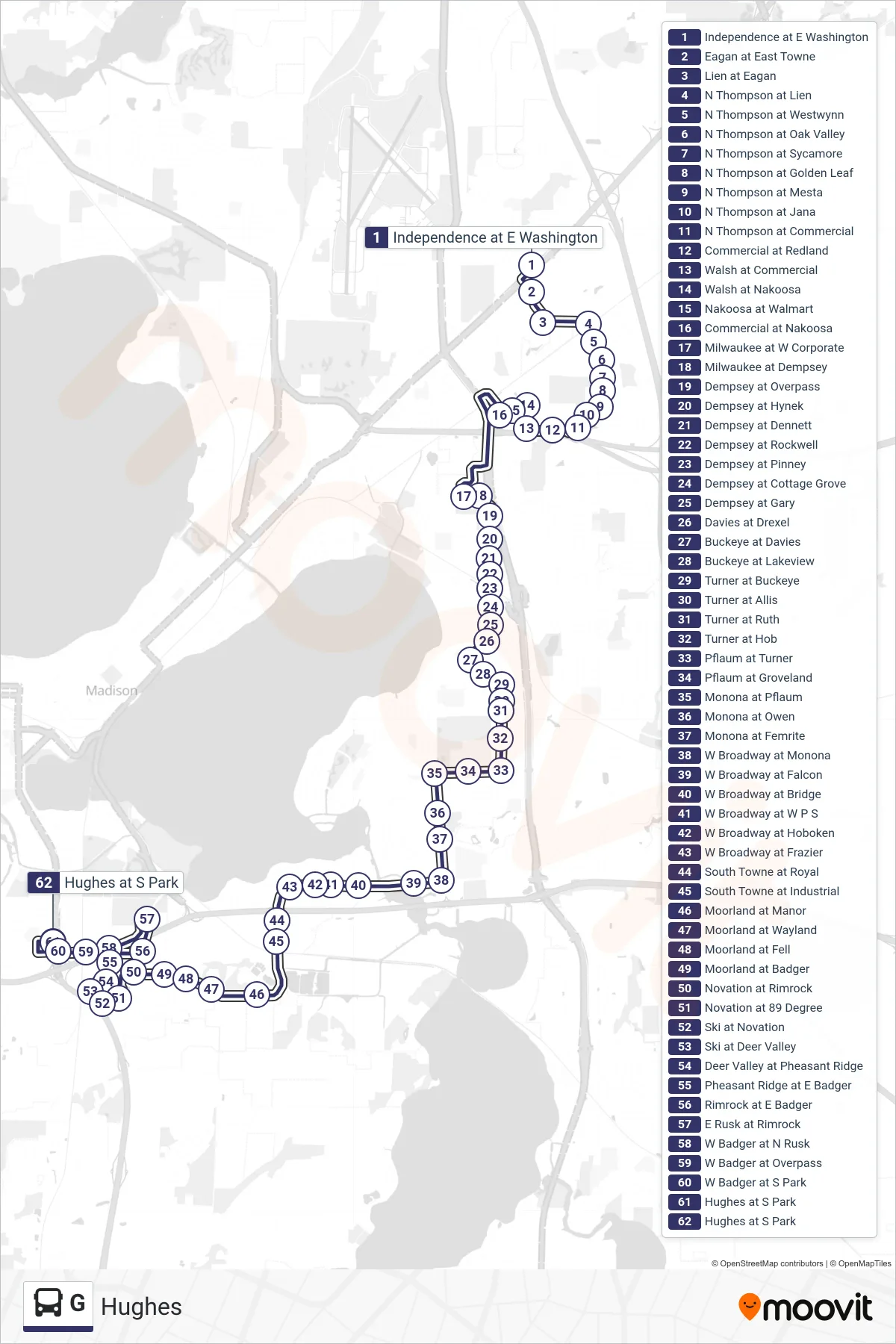 G bus Line (Hughes) route and stops on a map