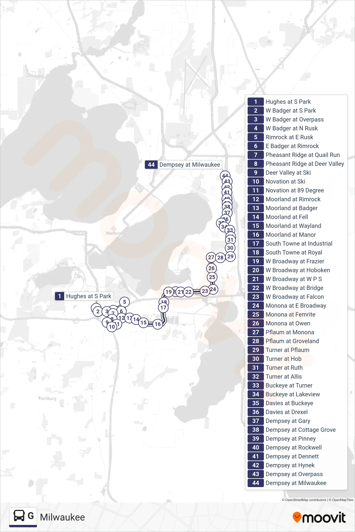 G bus Line (Milwaukee) route and stops on a map