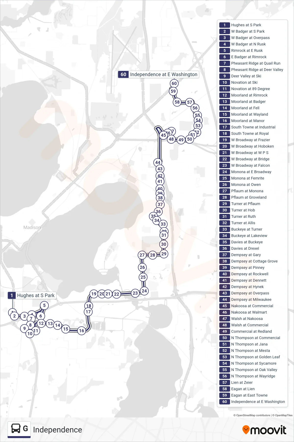 G bus Line (Independence) route and stops on a map