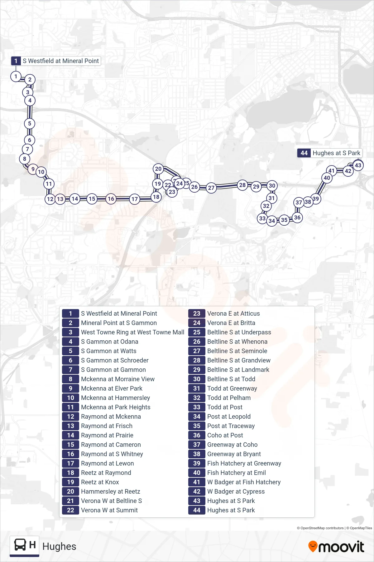 H bus Line (Hughes) route and stops on a map