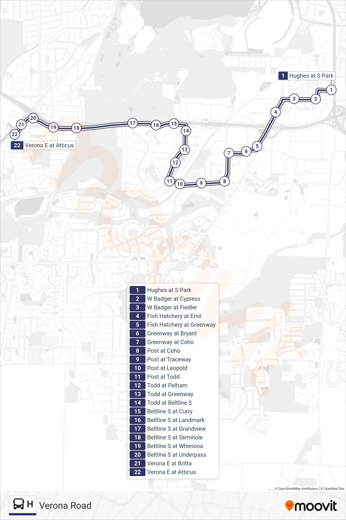 H bus Line (Verona Road) route and stops on a map