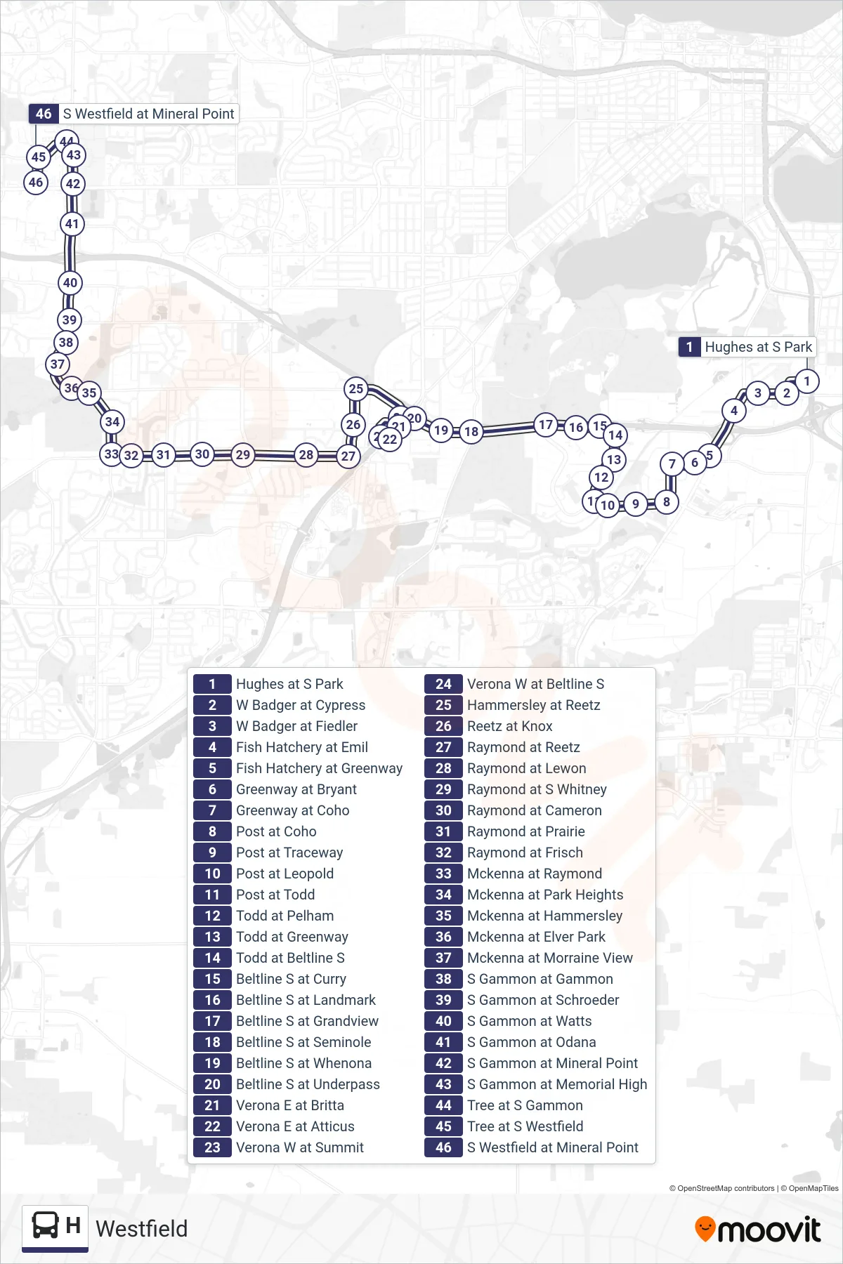 H bus Line (Westfield) route and stops on a map