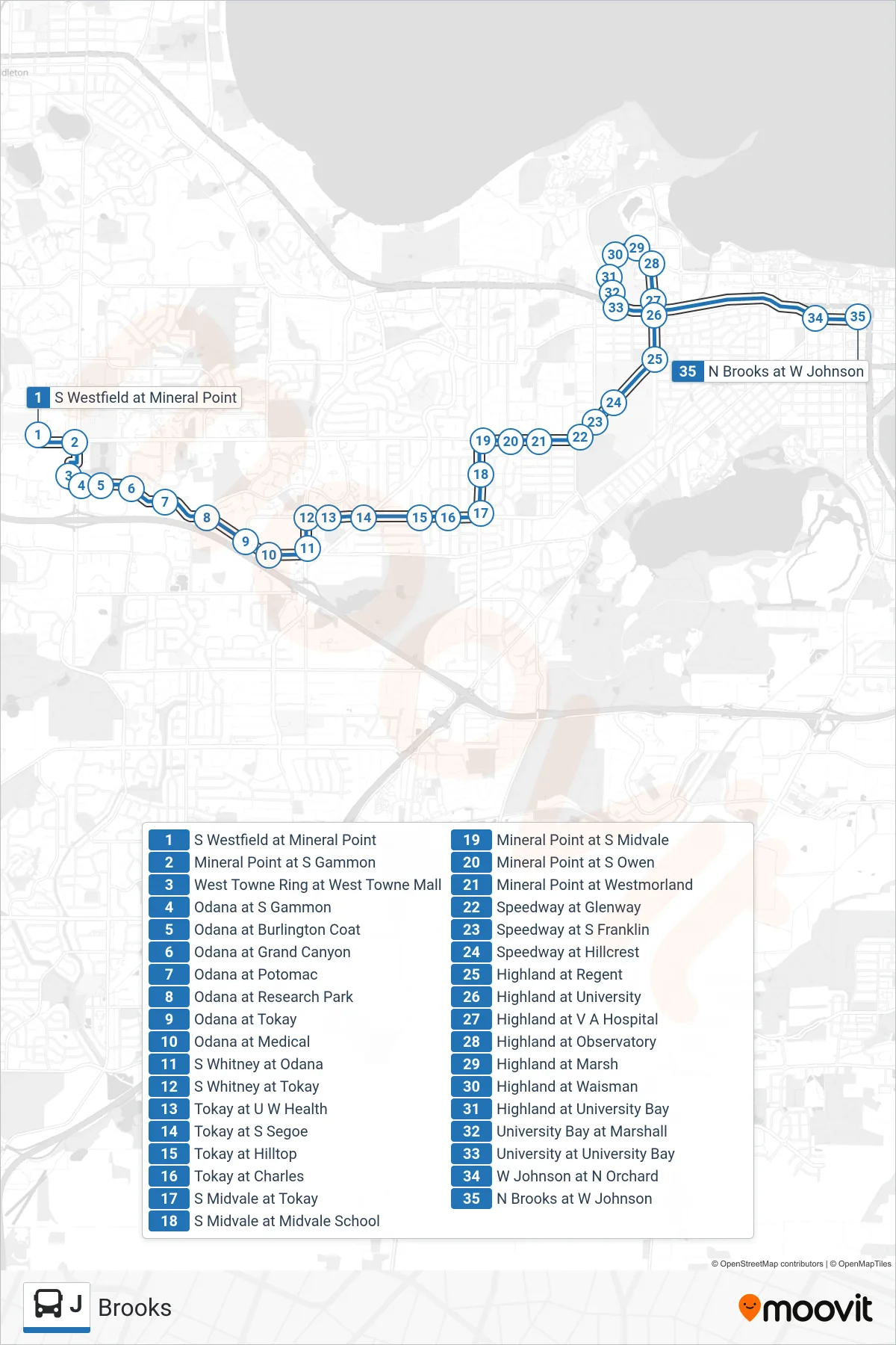 J bus Line (Brooks) route and stops on a map