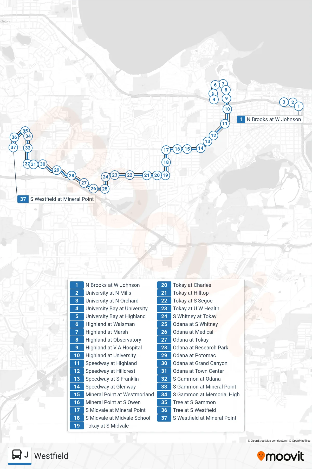 J bus Line (Westfield) route and stops on a map