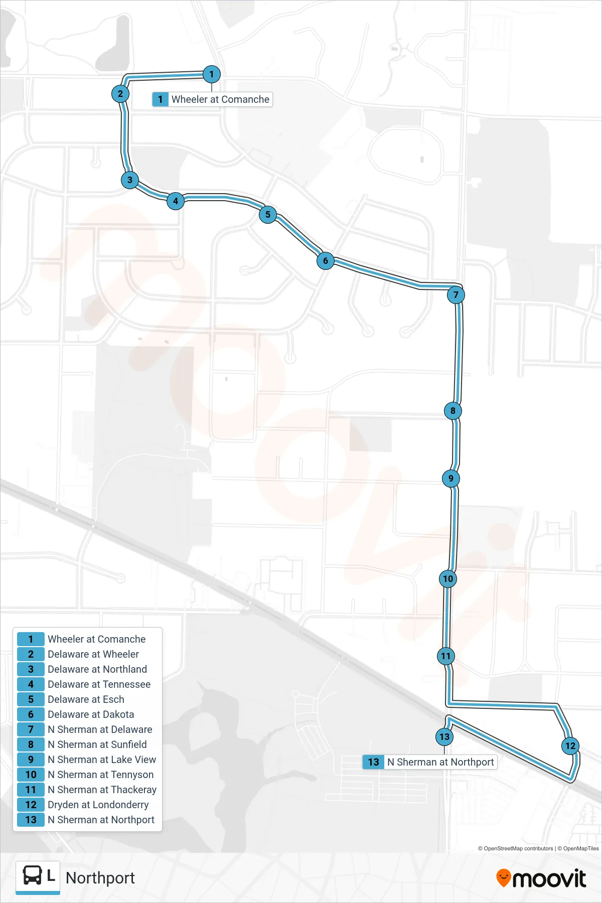 L bus Line (Northport) route and stops on a map