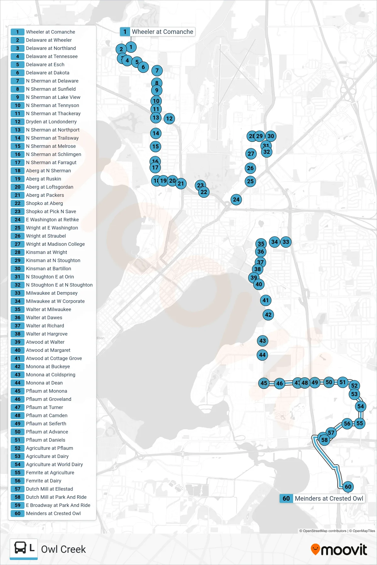 L bus Line (Owl Creek) route and stops on a map