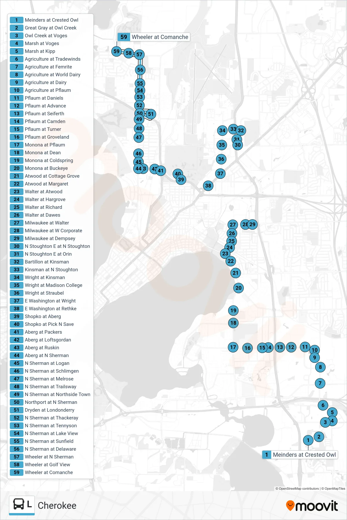 L bus Line (Cherokee) route and stops on a map
