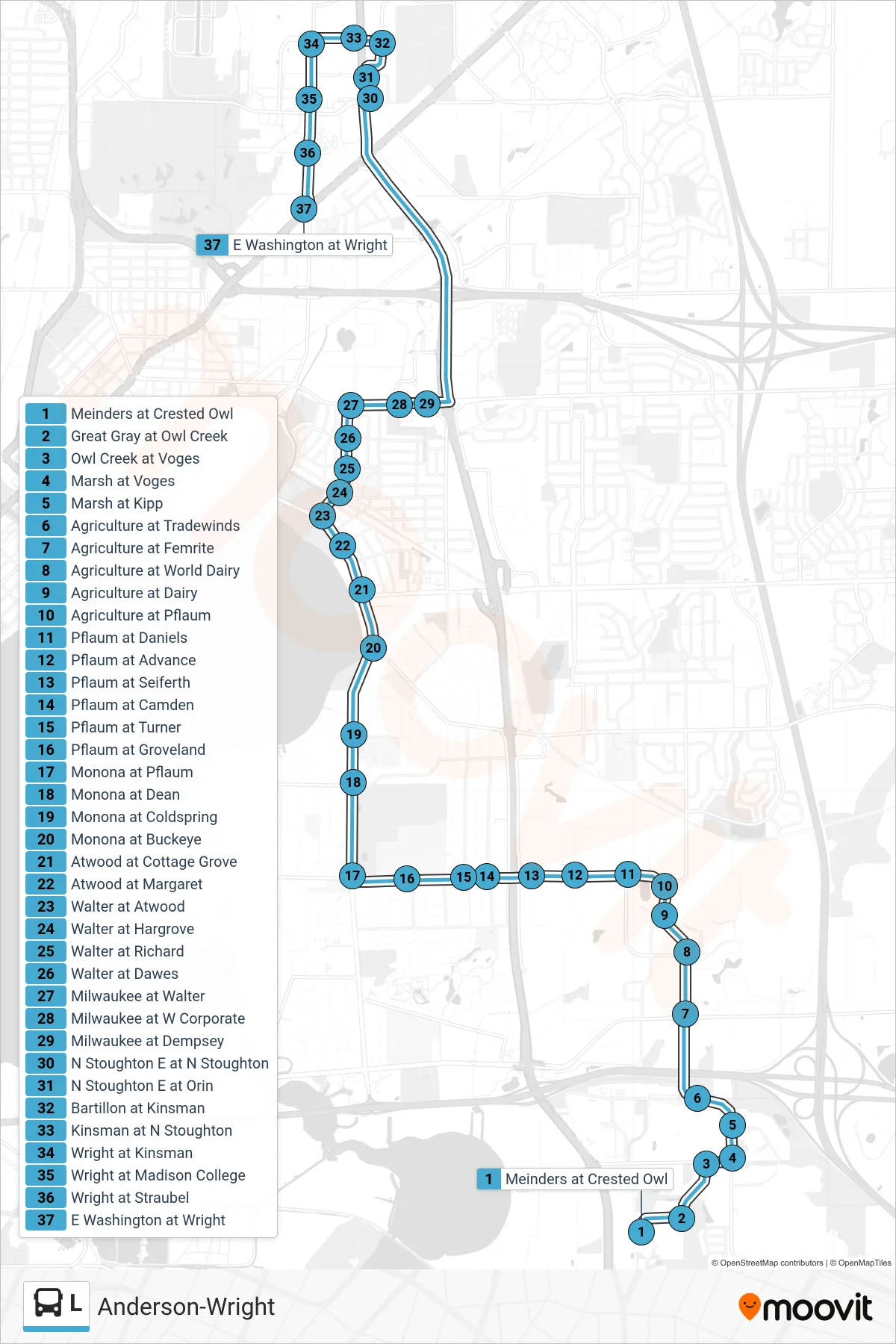 L bus Line (Anderson-Wright) route and stops on a map