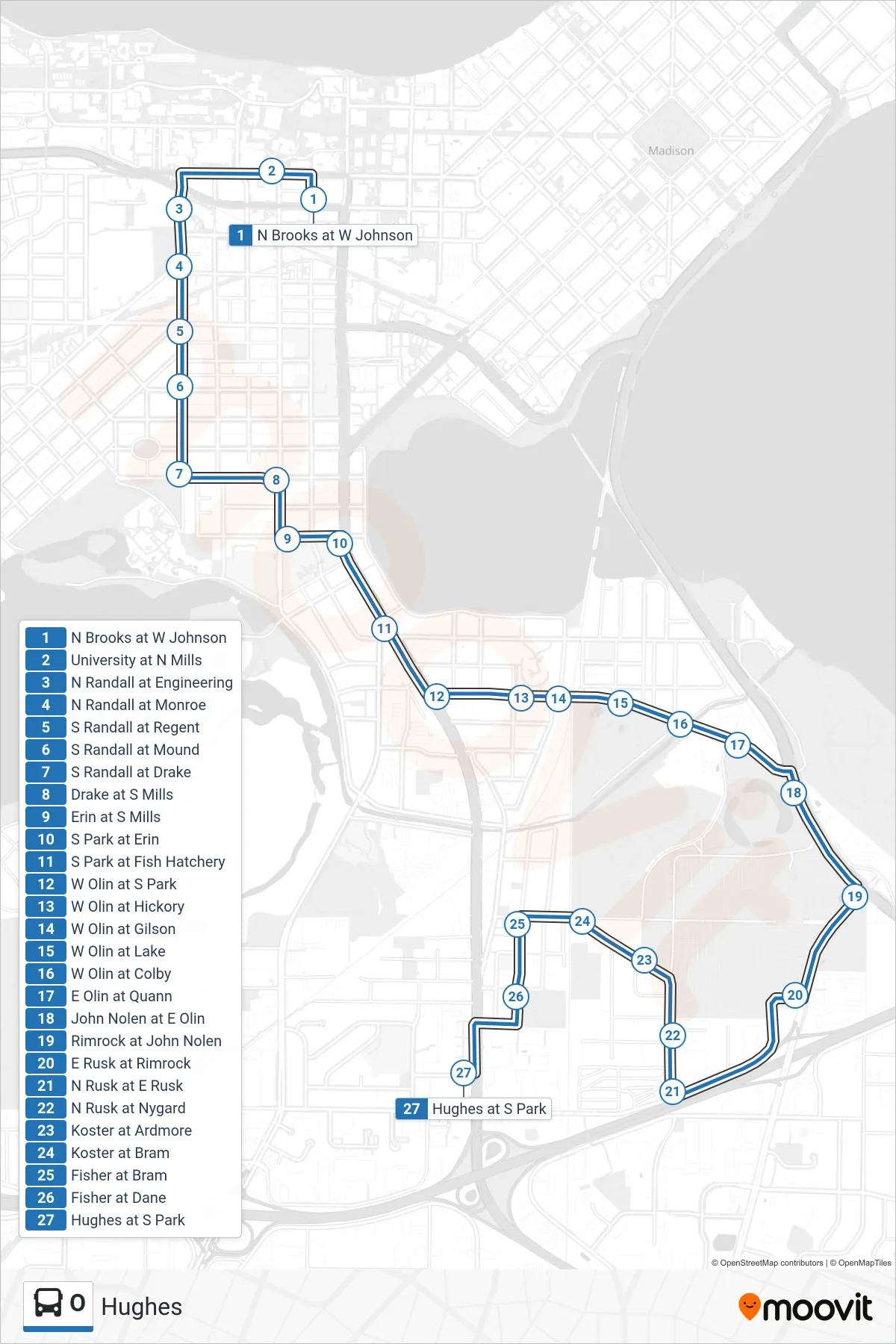 O bus Line (Hughes) route and stops on a map