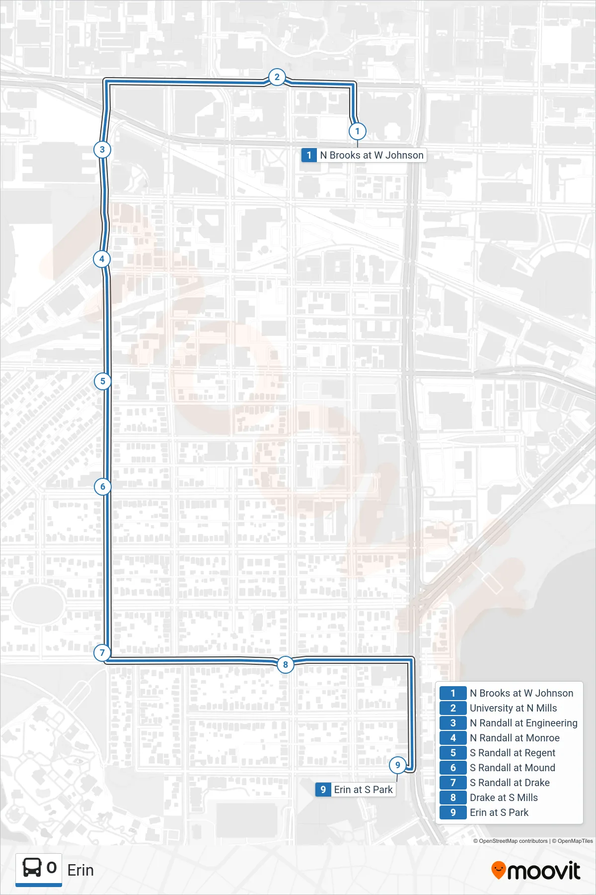 O bus Line (Erin) route and stops on a map
